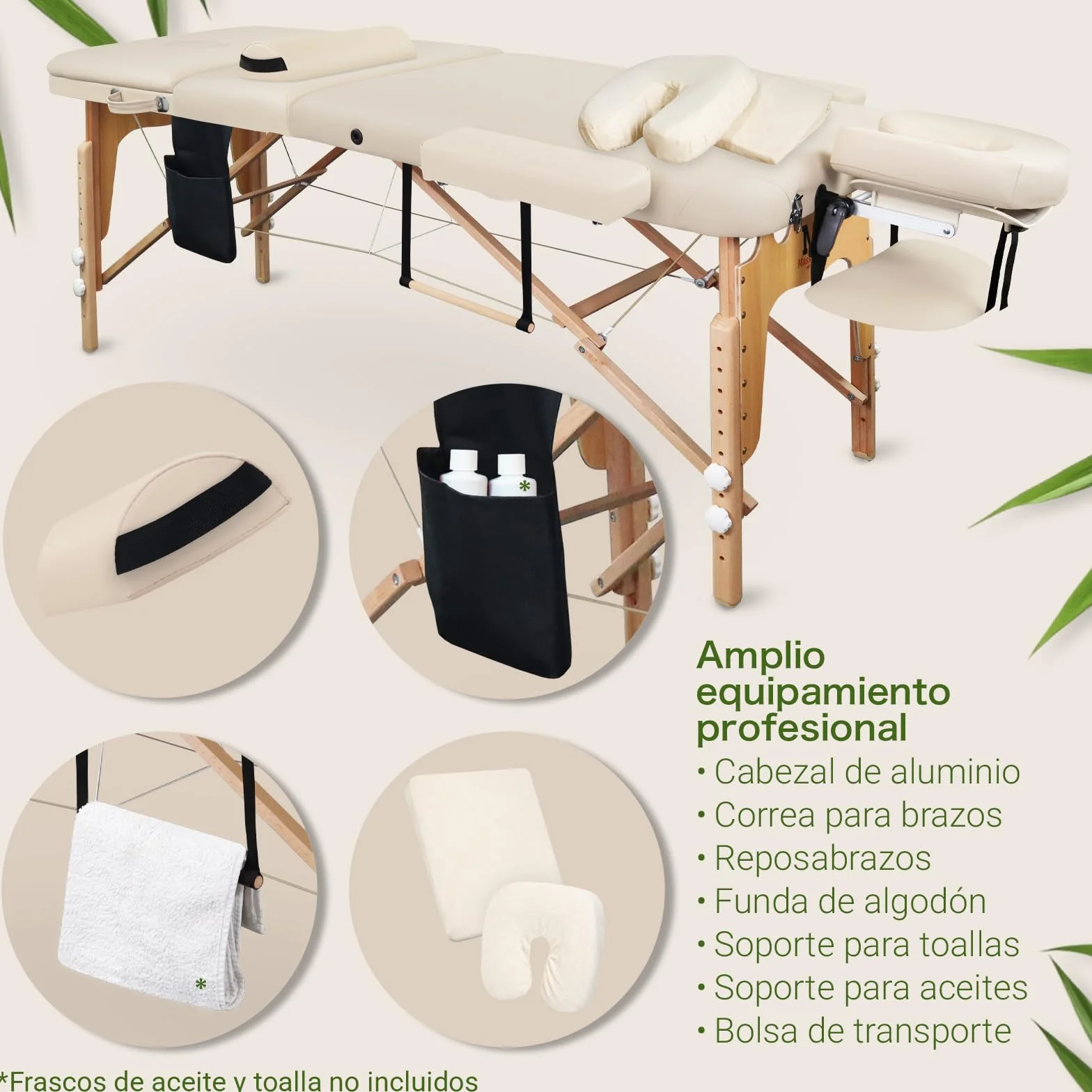 MASSUNDA Tumbona de Masaje Plegable Madera Maciza Altura Regulable Mesa Cosmética Móvil Funda Rizo Reposabrazos Respaldo Cojín Cervical