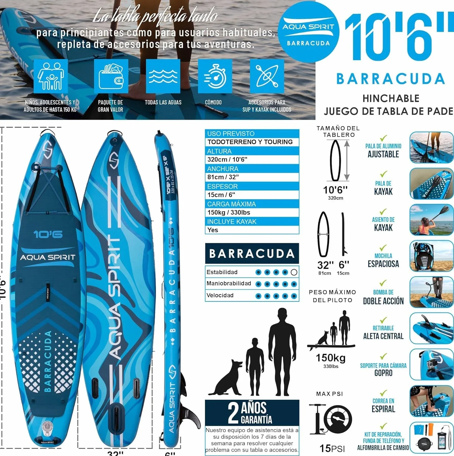 AQUA SPIRIT 320x79x15cm Sup Tabla Hinchable de Paddle Surf Kit de Conversión de Kayak con Pala Ajustable de Aluminio