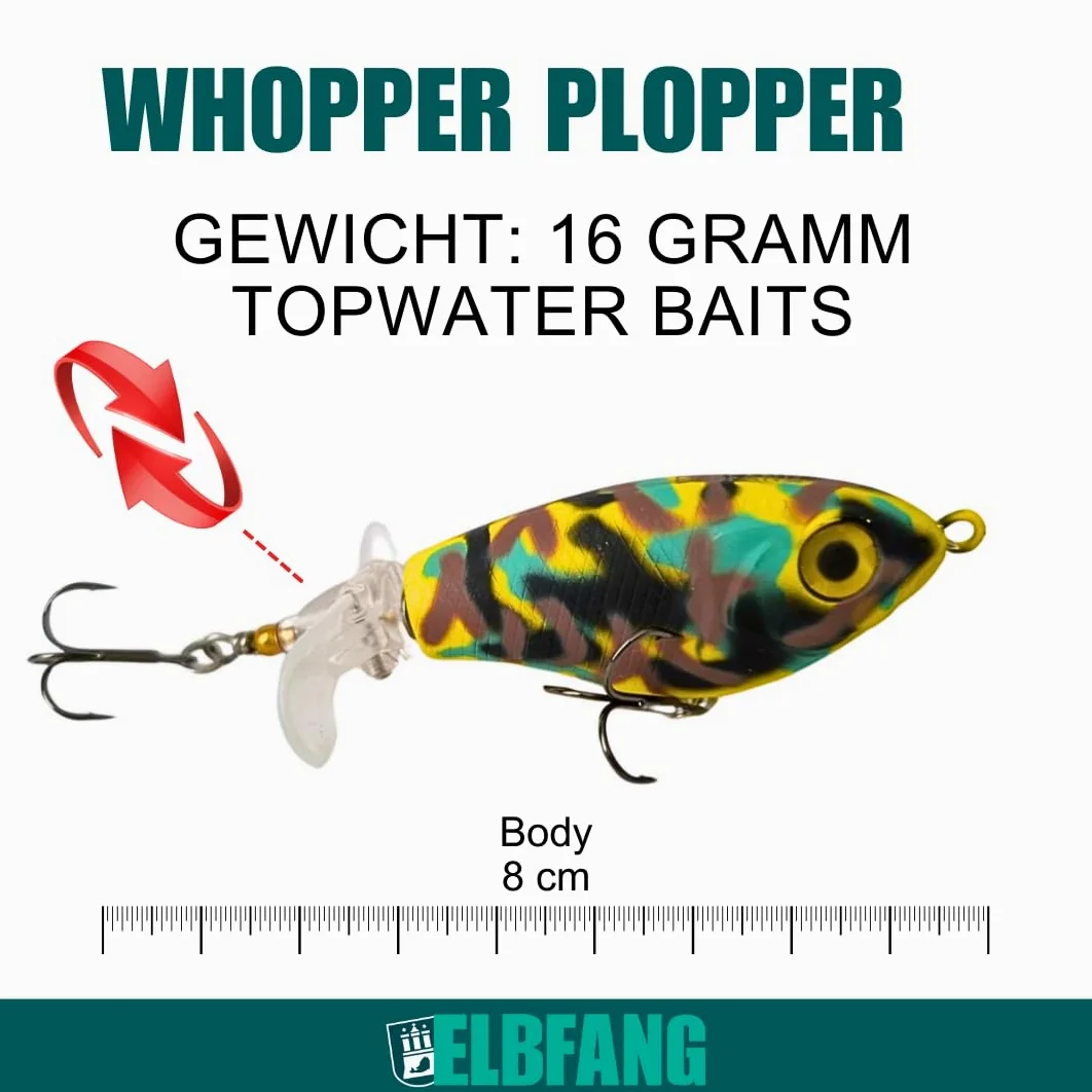 Topwater Señuelos de pesca | 8 cm – 16 gramos | 5 unidades con caja de cebo | Juego de cebos artificiales para pesca de lucio y bagre