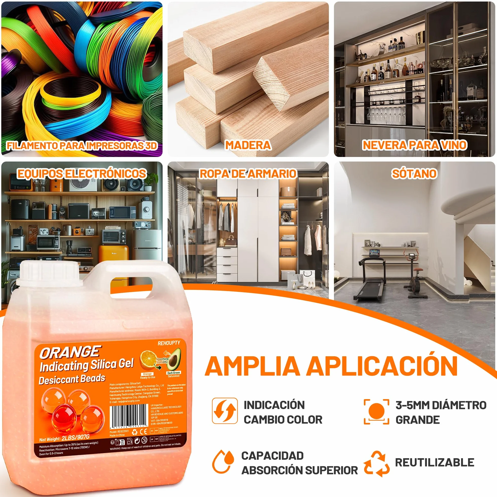 Naranja Gel de Sílice 907g, Perlas Desecantes 3-5mm Reutilizables para Filamento 3D
