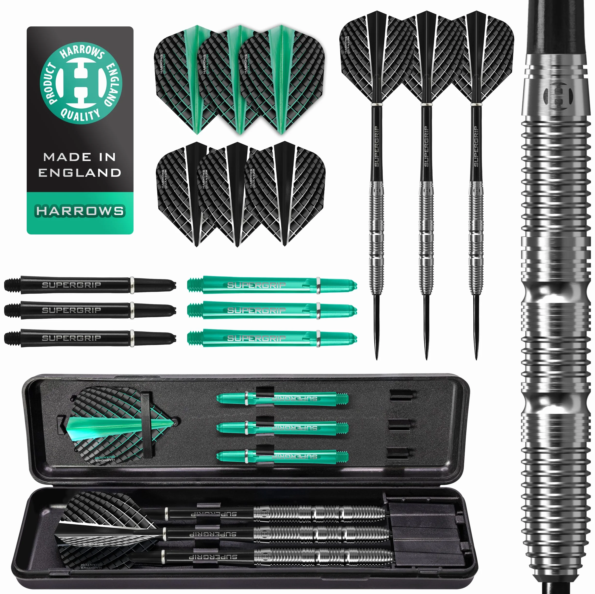 Harrows NX Elite 90% Tungsteno Juego de Dardos con Punta de Acero | 21g a 26g Todos los Pesos Disponibles | Gran Pack de 17 Piezas con Varillas Supergrip, Plumas Quantum y Estuche de Viaje
