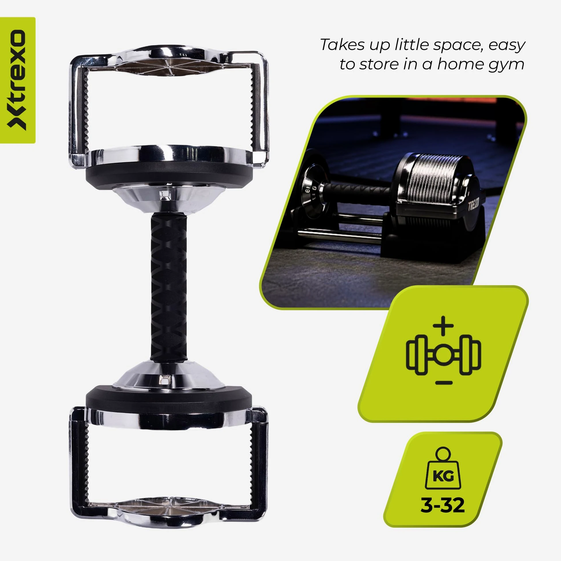 TREXO Mancuerna Ajustable Cromada 32 kg para Entrenamiento de Fuerza con 30 Niveles de Ajuste Mancurenas Ajustables Para Principiantes y Profesionales Para Fitness con Mango Ergonómico Antideslizante