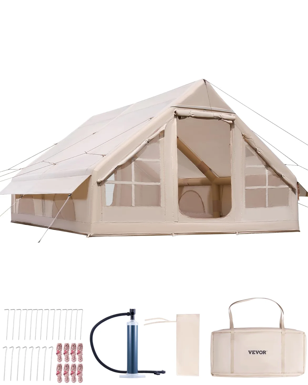 VEVOR Tienda Inflable para Acampar, Carpa Inflable de para Personas con Bomba Manual, Conector para Estufa, Puertas y Ventanas de Malla, Bolsa de Almacenamiento