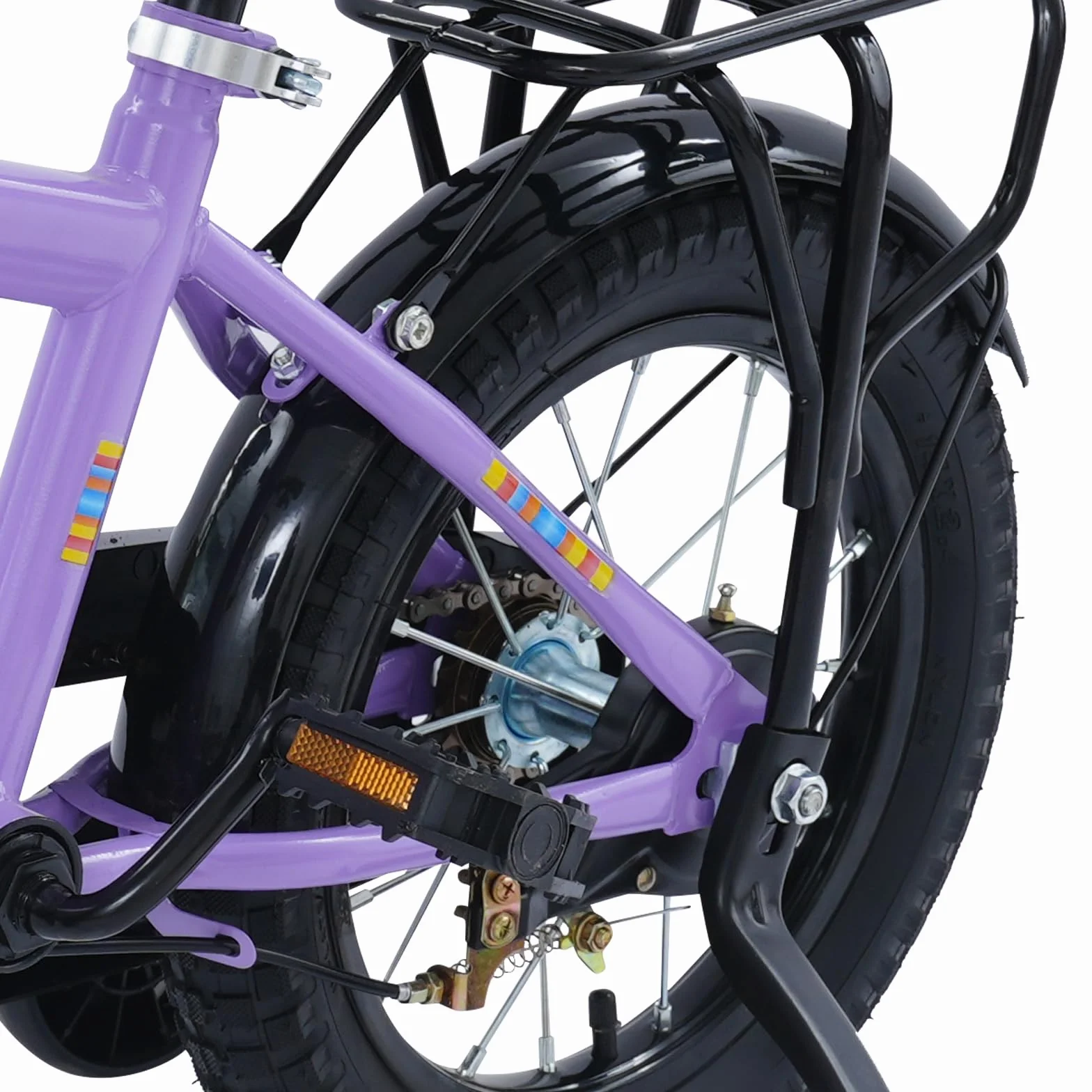 Bicicleta infantil de 14 pulgadas con asiento trasero, cesta ajustable y ruedas estabilizadoras, adecuada para niños y niñas de 3 a 6 años y una estatura de 95 a 115 cm, color morado