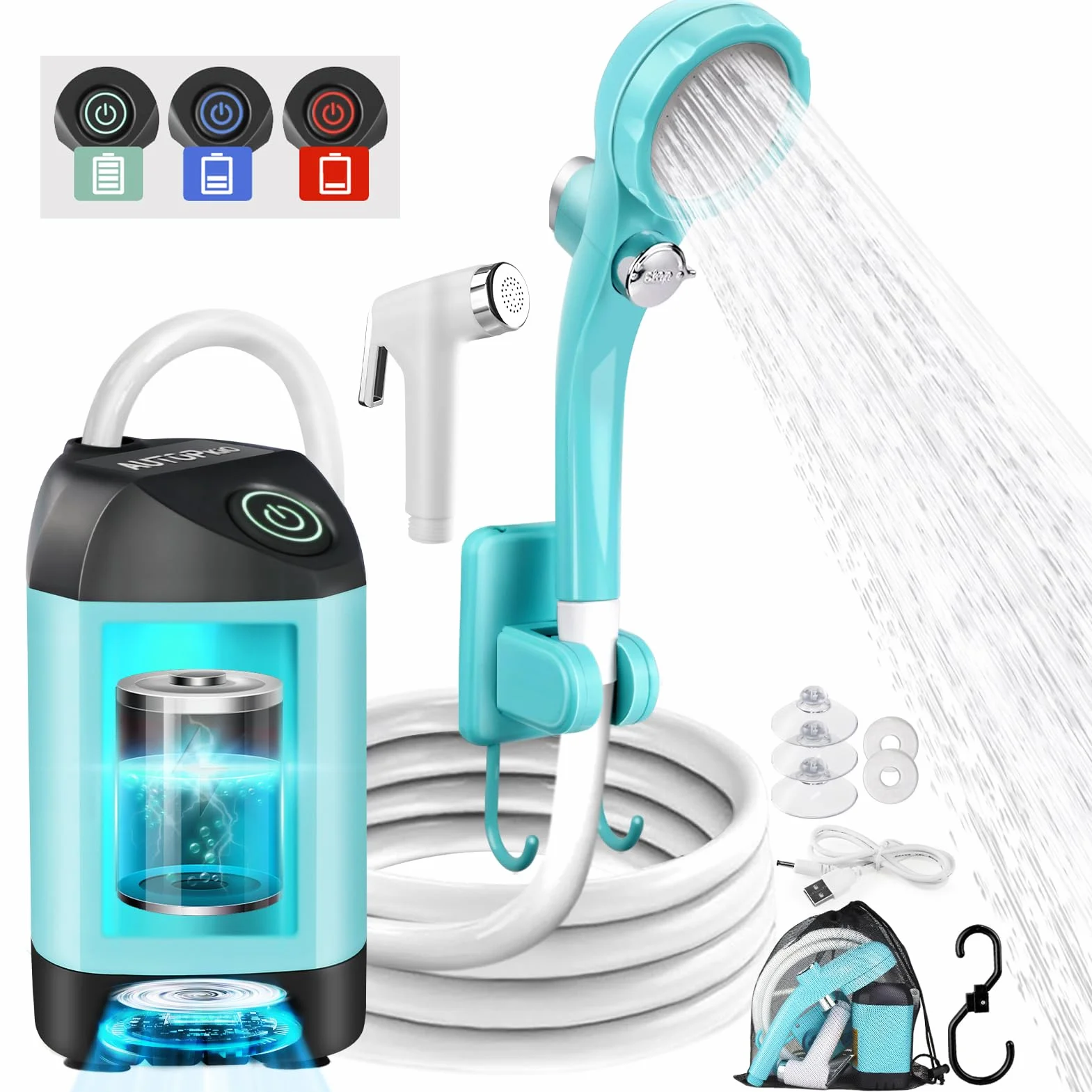 AUTOPkio Ducha Portatil Camping, Duchas Acampada Mejorada con Bomba IPX7 Impermeable & Batería 4500mAh Recargable para Senderismo, Lavado Autos, Baño Mascotas
