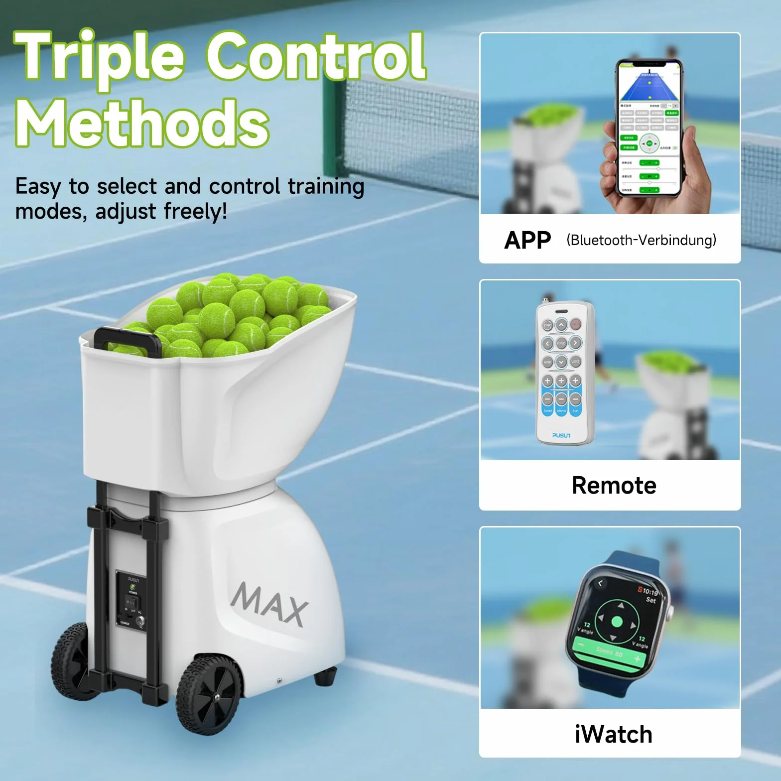PUSUN PT-Max C - Lanzador de pelotas de tenis, más de 145 pelotas, doble aplicación y control remoto, 28 modos de entrenamiento de autoprogramación, negro, 1 artículo