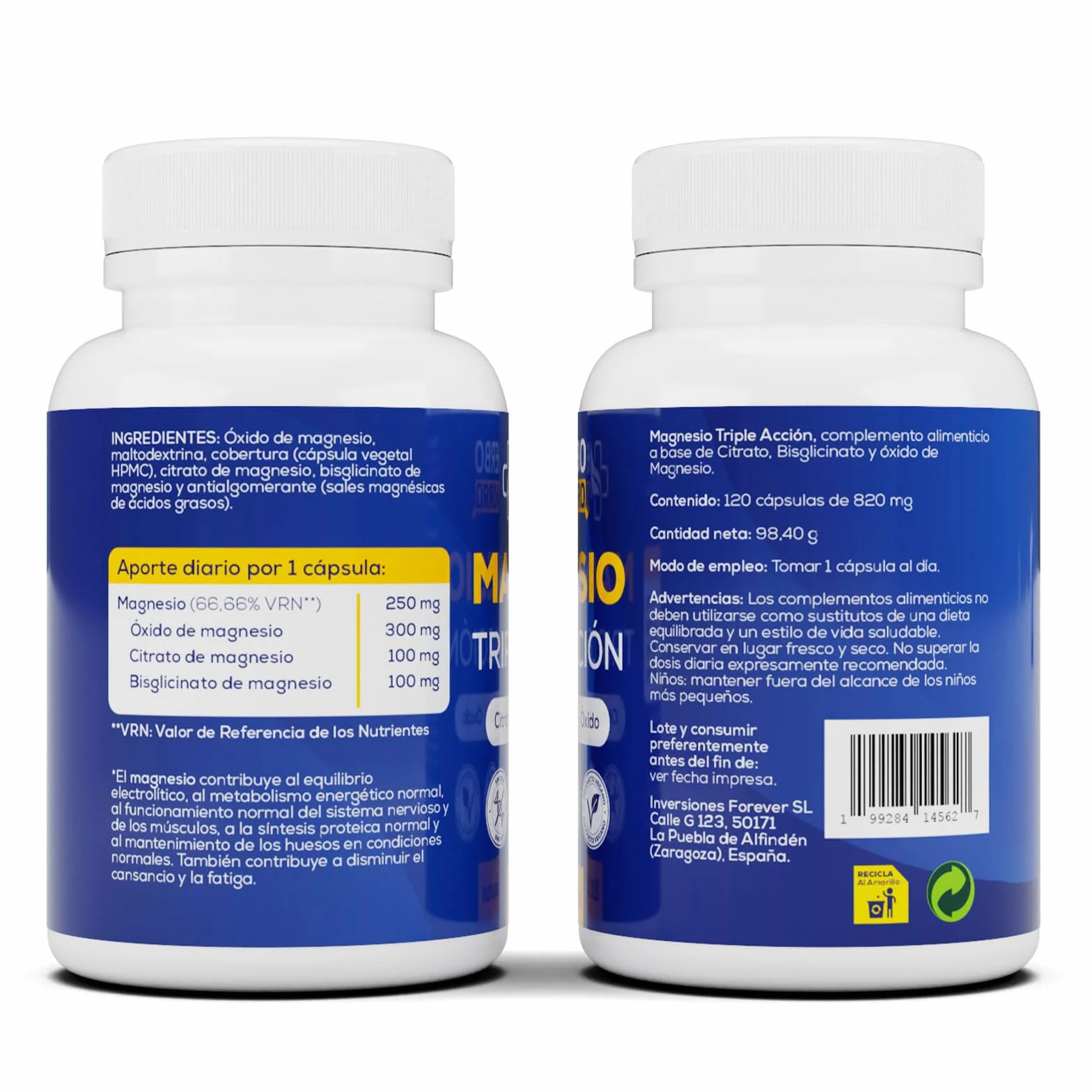 Magnesio Complex Triple Citrato Bisglicinato Óxido Magnesio 120 Cápsulas Alta Absorción Reduce Cansancio Fatiga