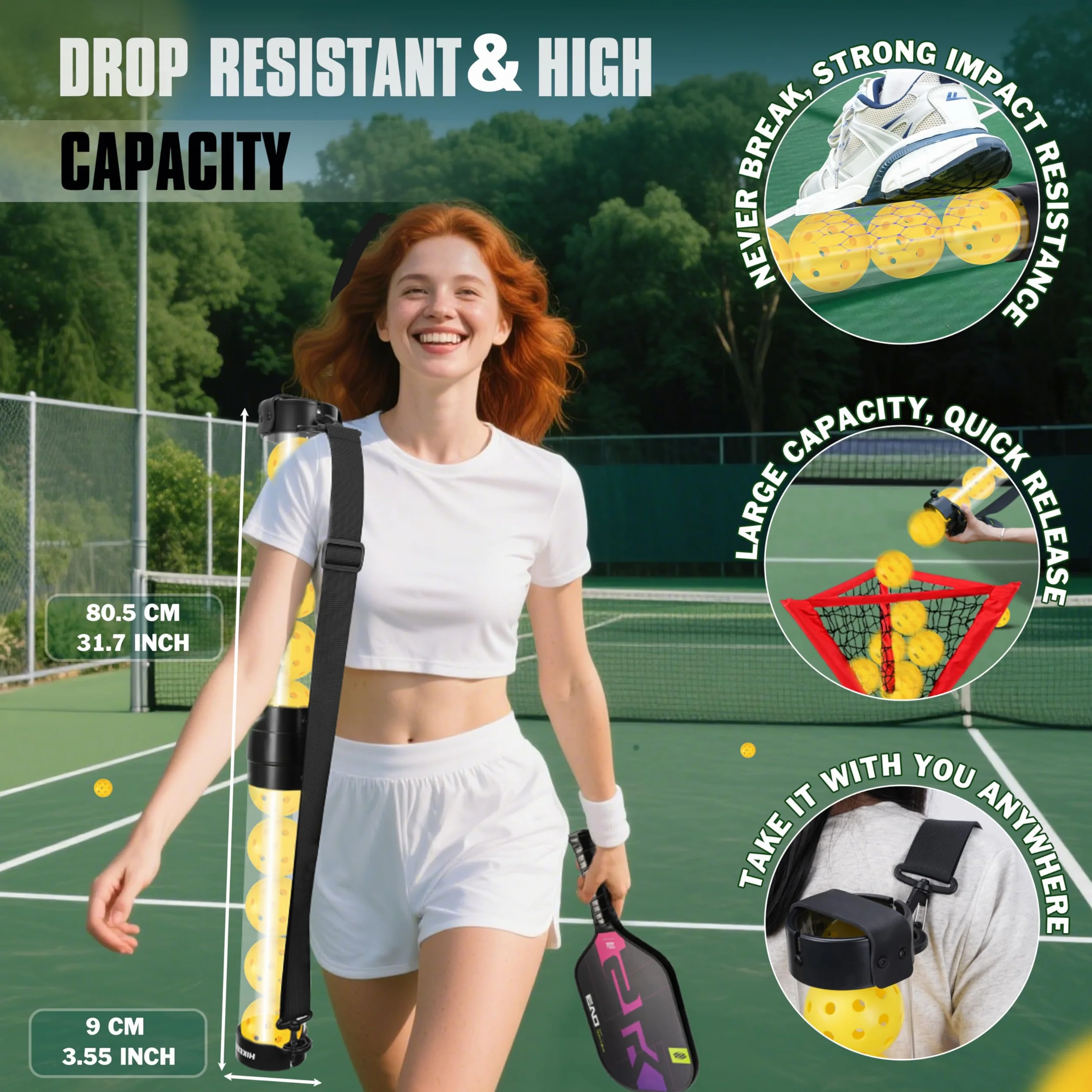 Hikeen Tubo Recuperador Pickleball con 5 Pickleballs, Pickleball Set Portátil con Correa Ajustable para Entrenamiento Pickleball, Accesorios Pickleball para Transportar y Almacenar