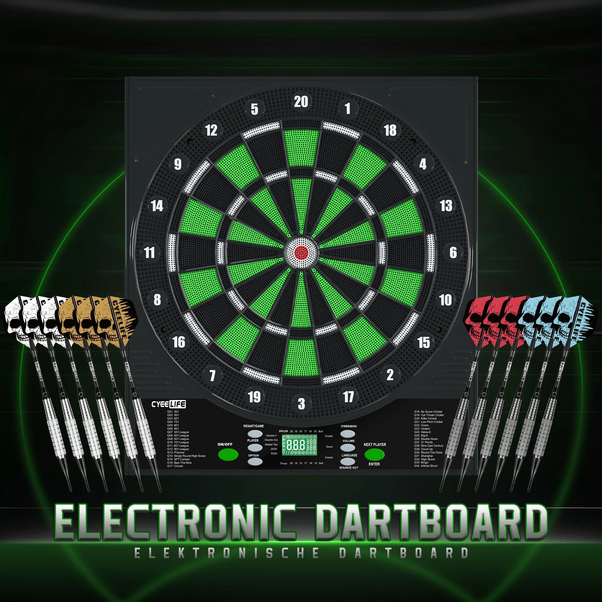 CyeeLife Dianas electrónicas, Dartboard de Profesional Set con 12 Flechas de Dardos 1 Dart Oche Line + 24 Vuelos Pro 50 Puntas de Flechas + Accesorios Dardo para 1 a 8 Jugadores