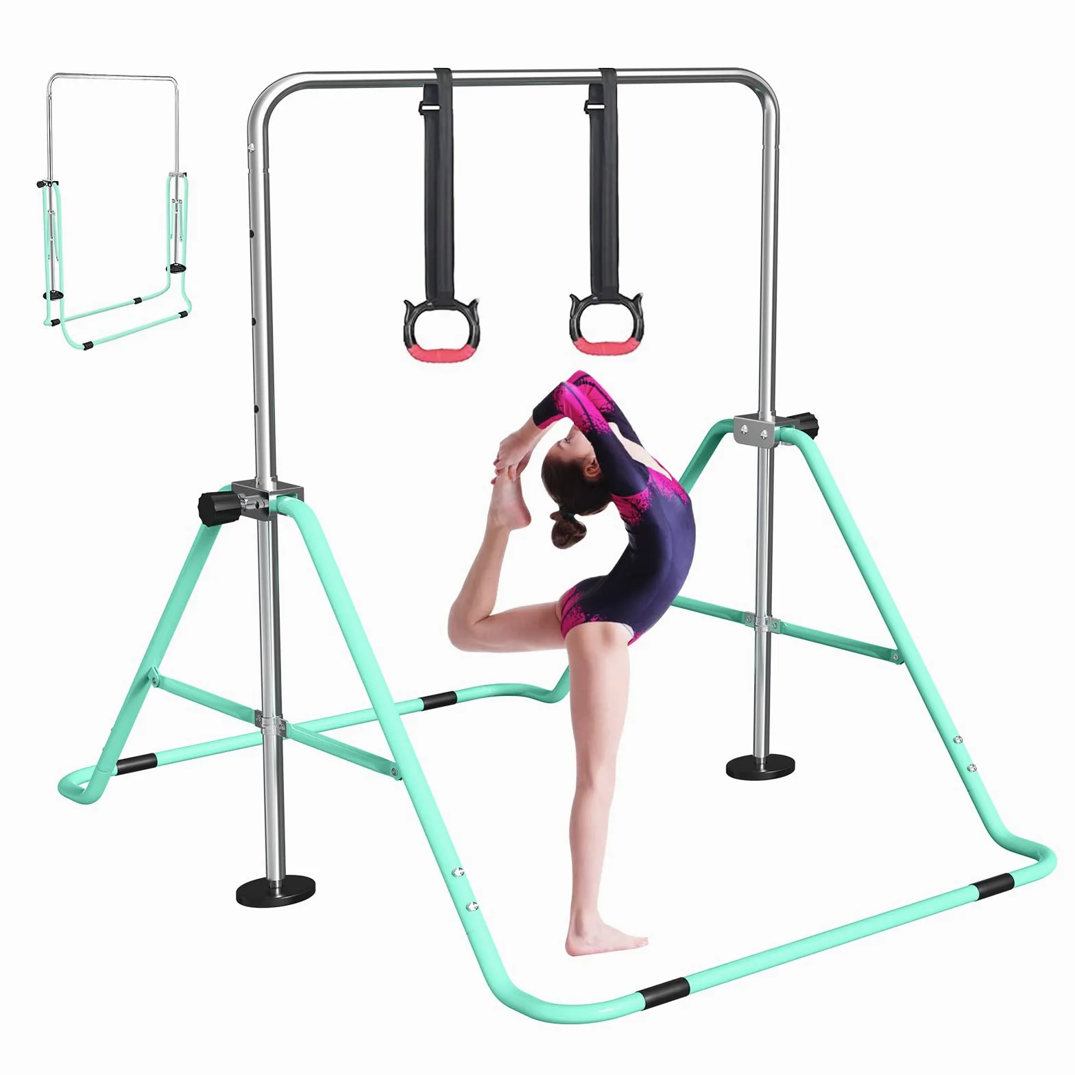 FBSPORT Gymnastics Bar for Kids, Foldable Adjustable Height Horizontal Bar, Gymnastic Training Equipment for Home Gym Indoor and Outdoor Use, Supports 140lbs