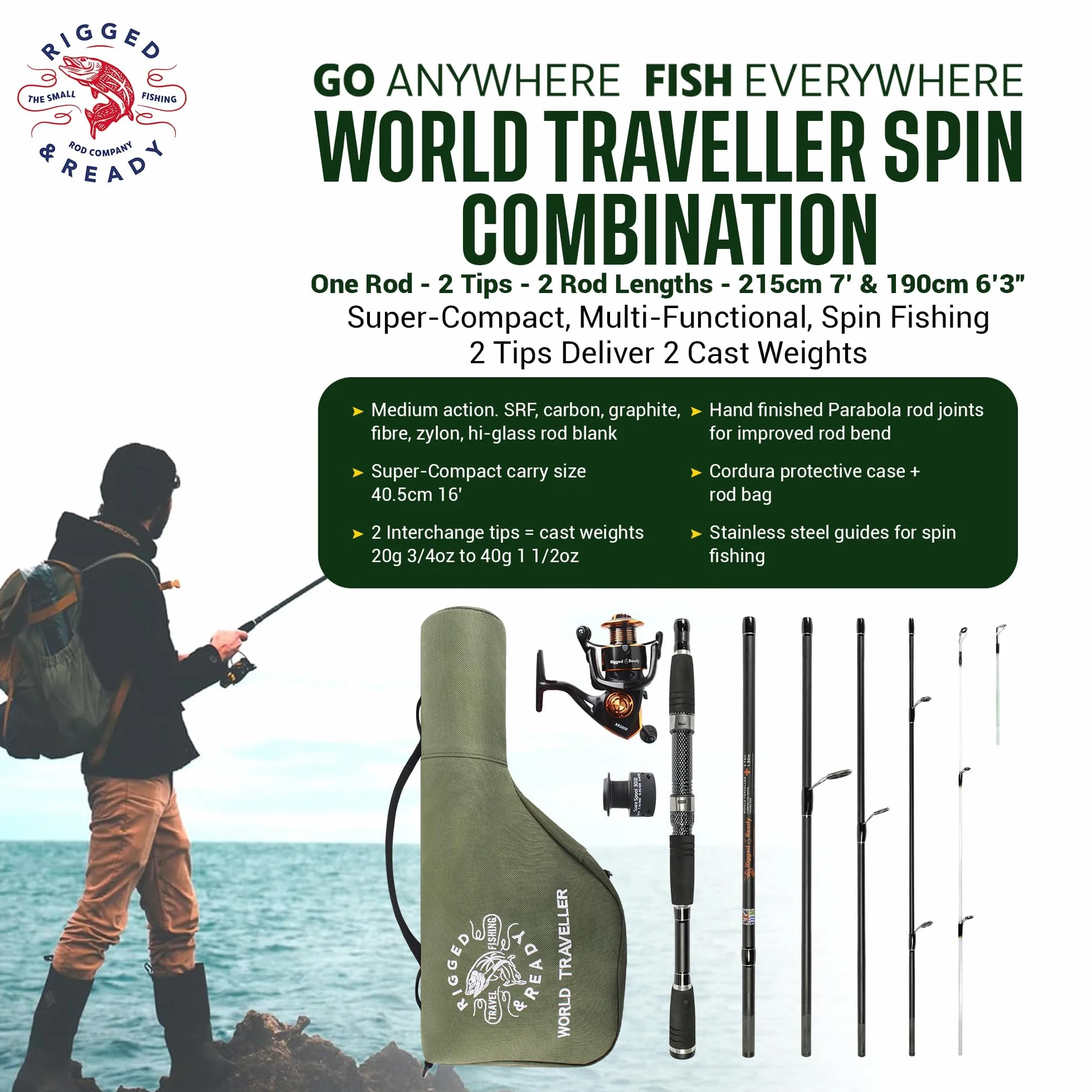 Rigged and Ready World Traveller Travel Fishing Rod Reel & Case Set Compact 6 Sections, 2 Tips 215 cm 7 Inches + 1.9 cm 6 Inches 2.5 cm Nano Carbon Fishing Rod Options Spin Bait Carp Pike Sea Fishing