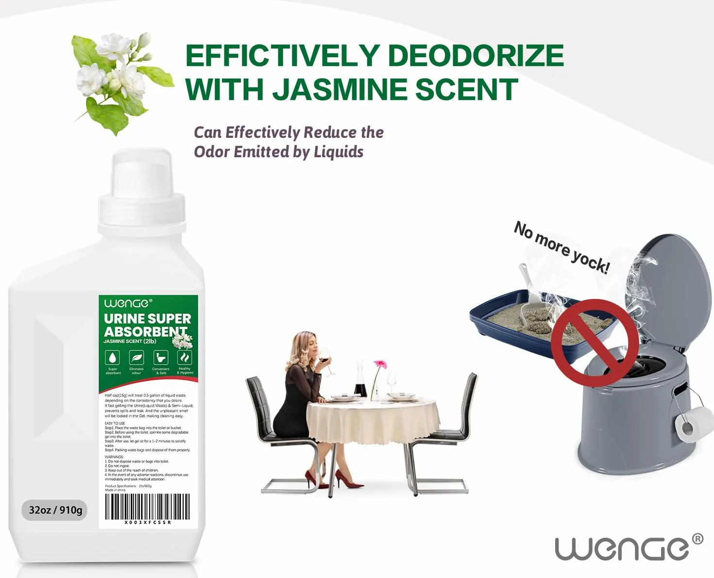 Wenge Orina súper absorbente, solidificante, gel de caca de 180 usos para camping, polvo desodorizante y gelificante líquido ecológico para acampar al aire libre, senderismo (aroma de jazmín verde)