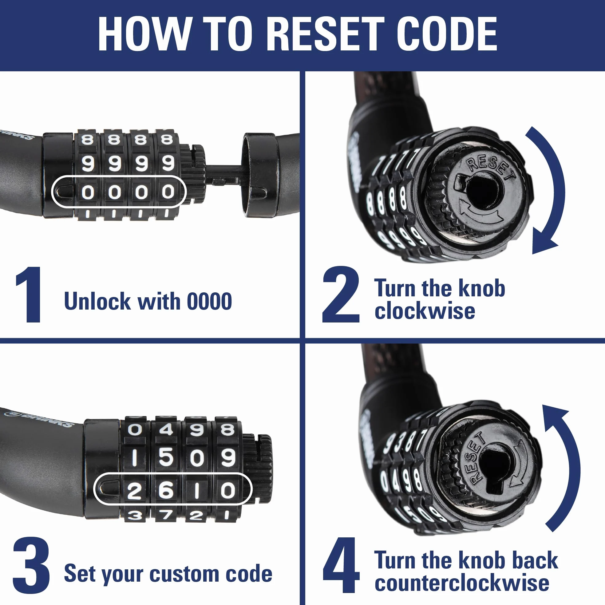 BRINKS Cable de bloqueo de bicicleta para exteriores de 6 pies con combinación de 4 esferas reiniciables, acero flexible autoenrollable, envoltura protectora de vinilo, seguro y duradero, 5/16