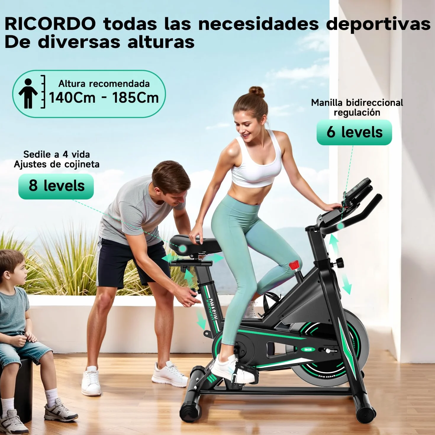DMASUN Bicicleta Estática en Casa con Resistencia Ajustable, Bicicleta Estatica Silenciosa con Monitor LED, Cómodo Cojín de Asiento, App Propia, Capacidad de 160 kg, Entrenamiento Aeróbico
