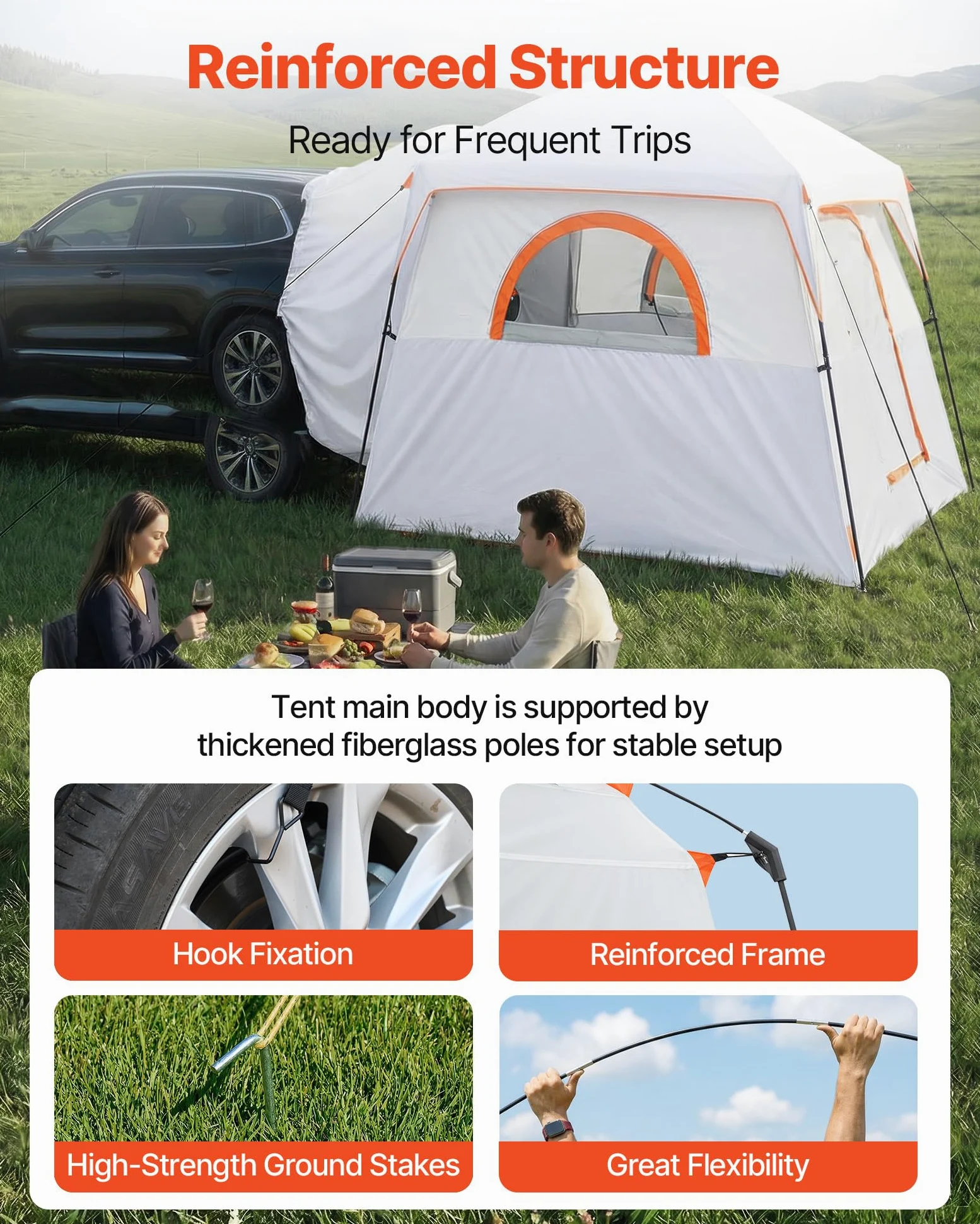 VEVOR Tienda de Campaña para Portón Trasero 304,8 x 274,3 x 220 cm para 6 Personas, Tienda de Campaña para Maletero de Coche con Puertas Ventiladas y Ventanas de Malla para Acampar al Aire Libre