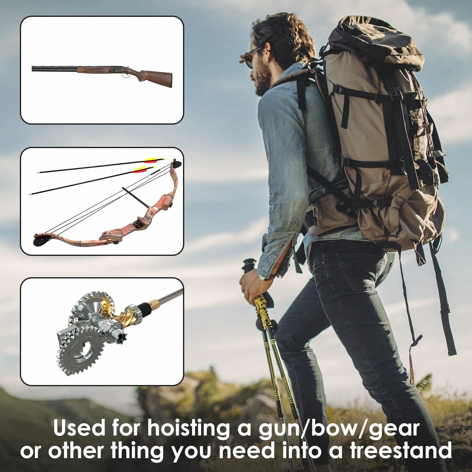 Adorila Treestand - Polipasto retráctil de 26 pies para caza de soporte de árbol, accesorios de elevación de cuerda de engranaje para arco de caza y recuperador de armas (negro)