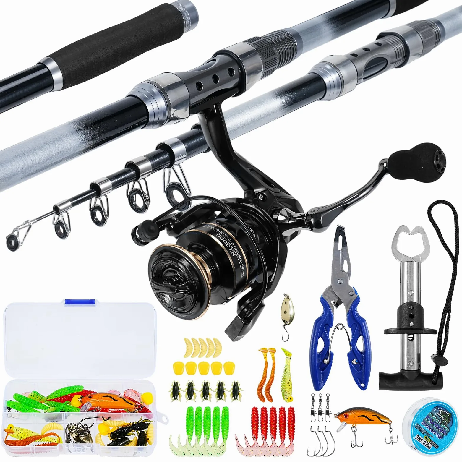 2.7M Juego de caña y Carrete Telescópica Caña de Fibra de Vidrio con Carrete de Spinning, Señuelos, Controlador de Peces y Bolsa de Transporte, Equipo Ideal para Pesca en Agua Dulce Salada