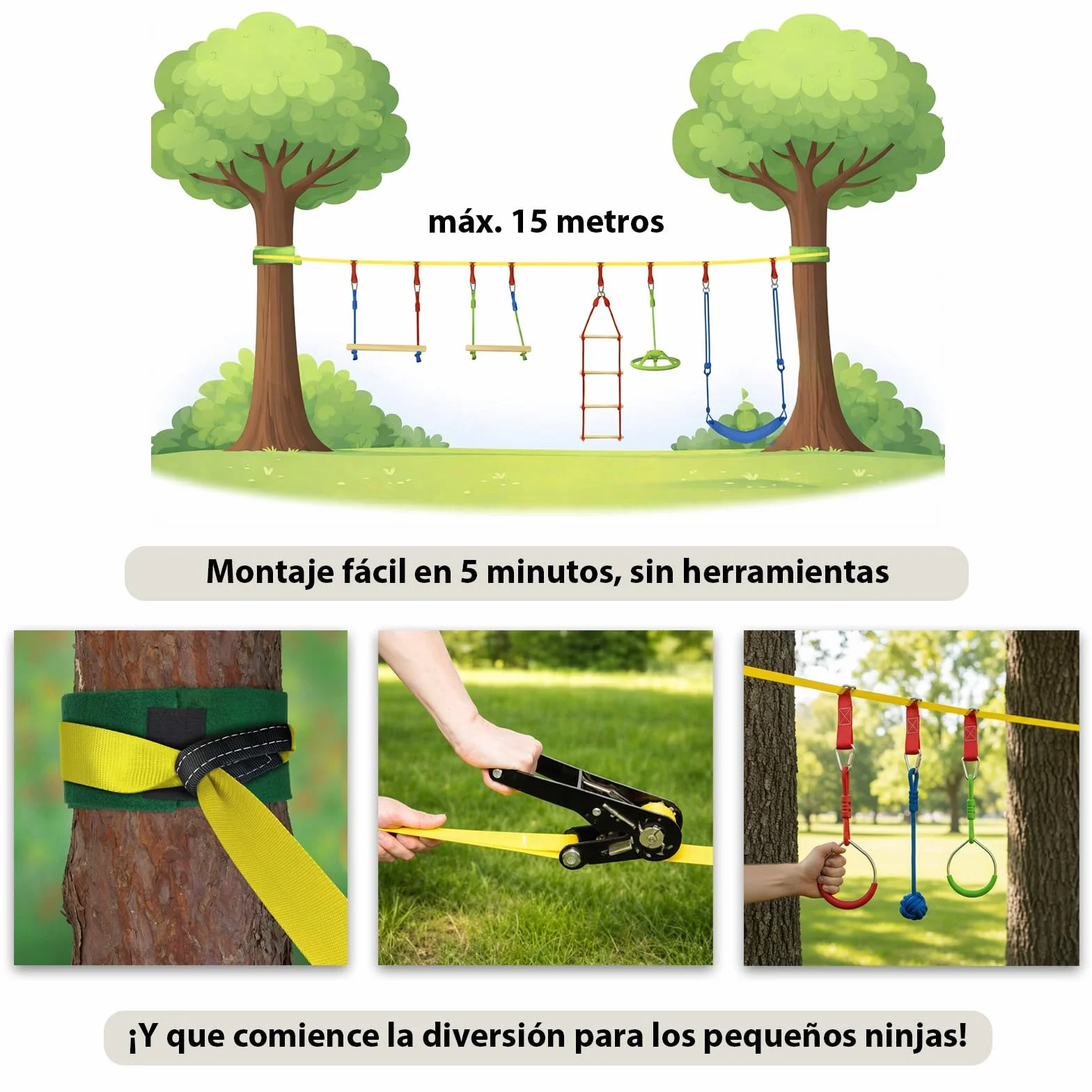 ALPIDEX Ninja Niños Slackline Obstacles Set Anillos Gimnasia Nudos Cuerda Accesorios Escalada Curso Extensible MAX