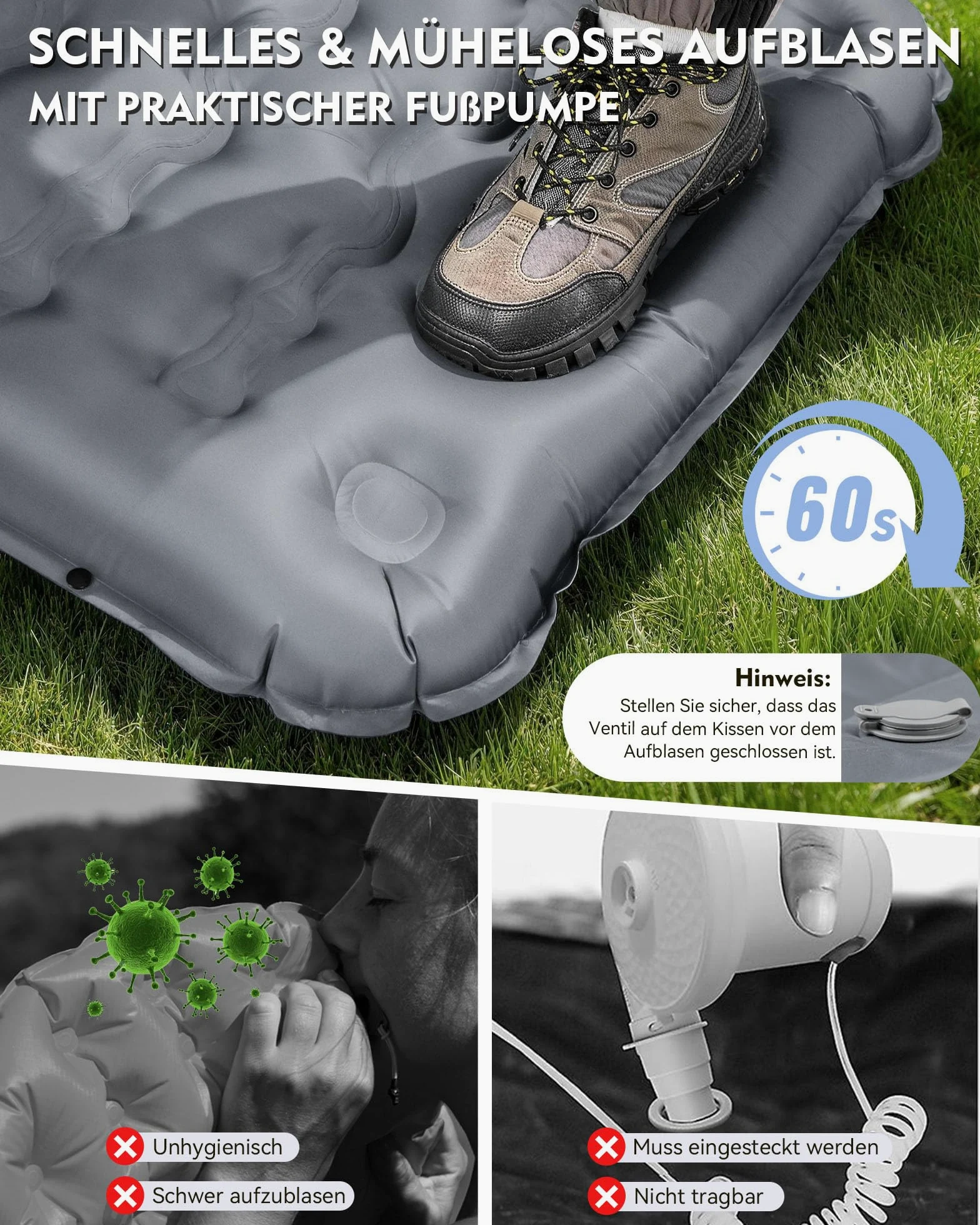 HIKENTURE Esterilla isotérmica para camping, 12 cm, ultragruesa, ultraligera, con almohada, colchón inflable, tamaño pequeño, colchón de aire hinchable, colchoneta para dormir con bomba de pie para