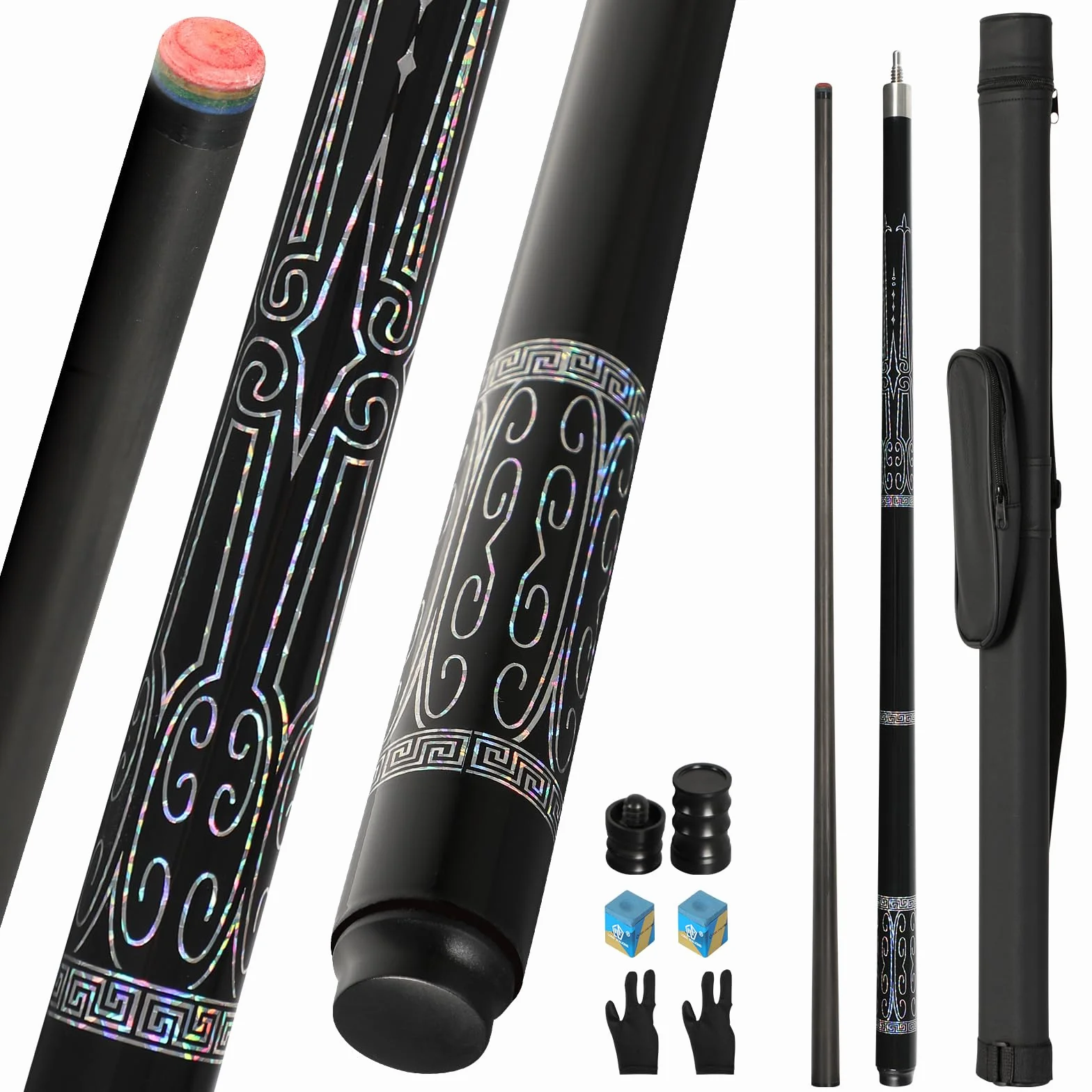 Carbon Fiber Pool Cue Stick 20-21 oz 13mm Rainbow Tip 3/8x8 Joint with Case
