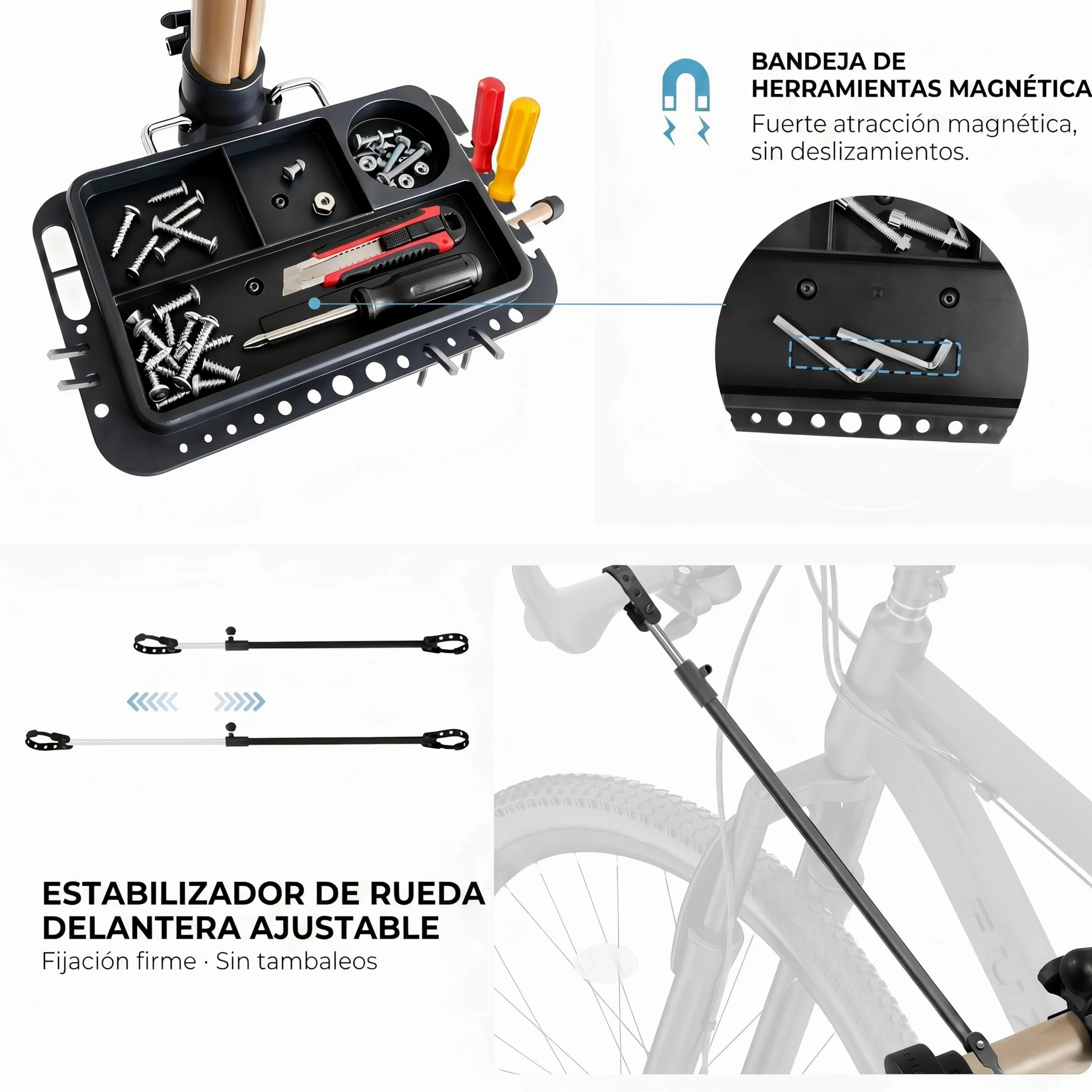 Caballetes para bicicletas de aluminio tres patas, reparación y montaje, totalmente plegable, doble cierre seguridad, diseño compacto, ultraligero, bandeja magnética de gran tamaño