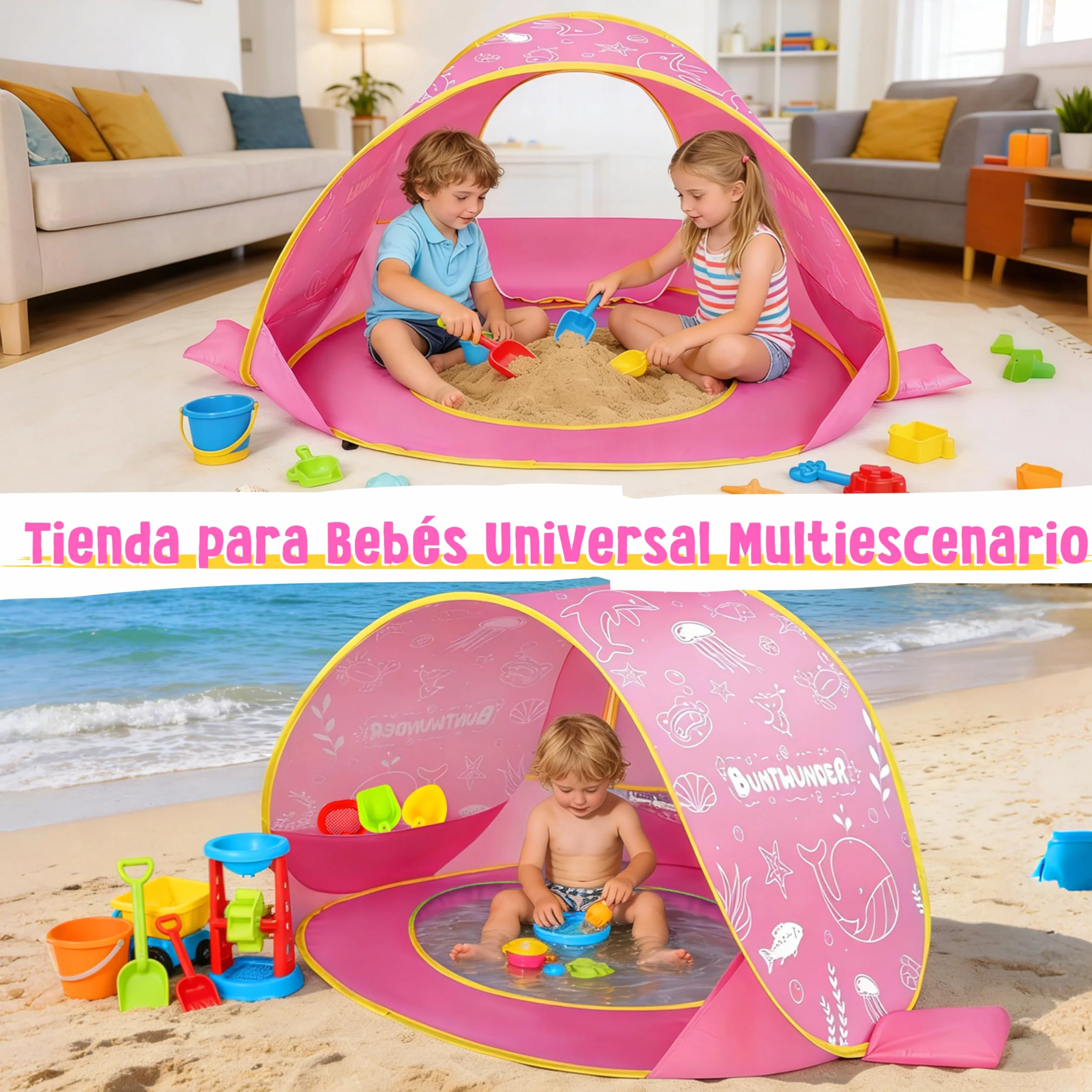 JONRRYIN Tienda Playa Bebé Pop Up, Tienda Refugio Infantil con Mini Piscina, Plegable Portátil Protección UV para Playa, Pícnic y Jardín (Rosa)