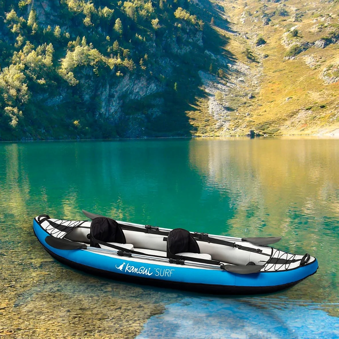 Kangui Canoa Kayak hinchable azul de 1 a 2 plazas, remo + bolsa de transporte + bomba de doble acción + kit de reparación
