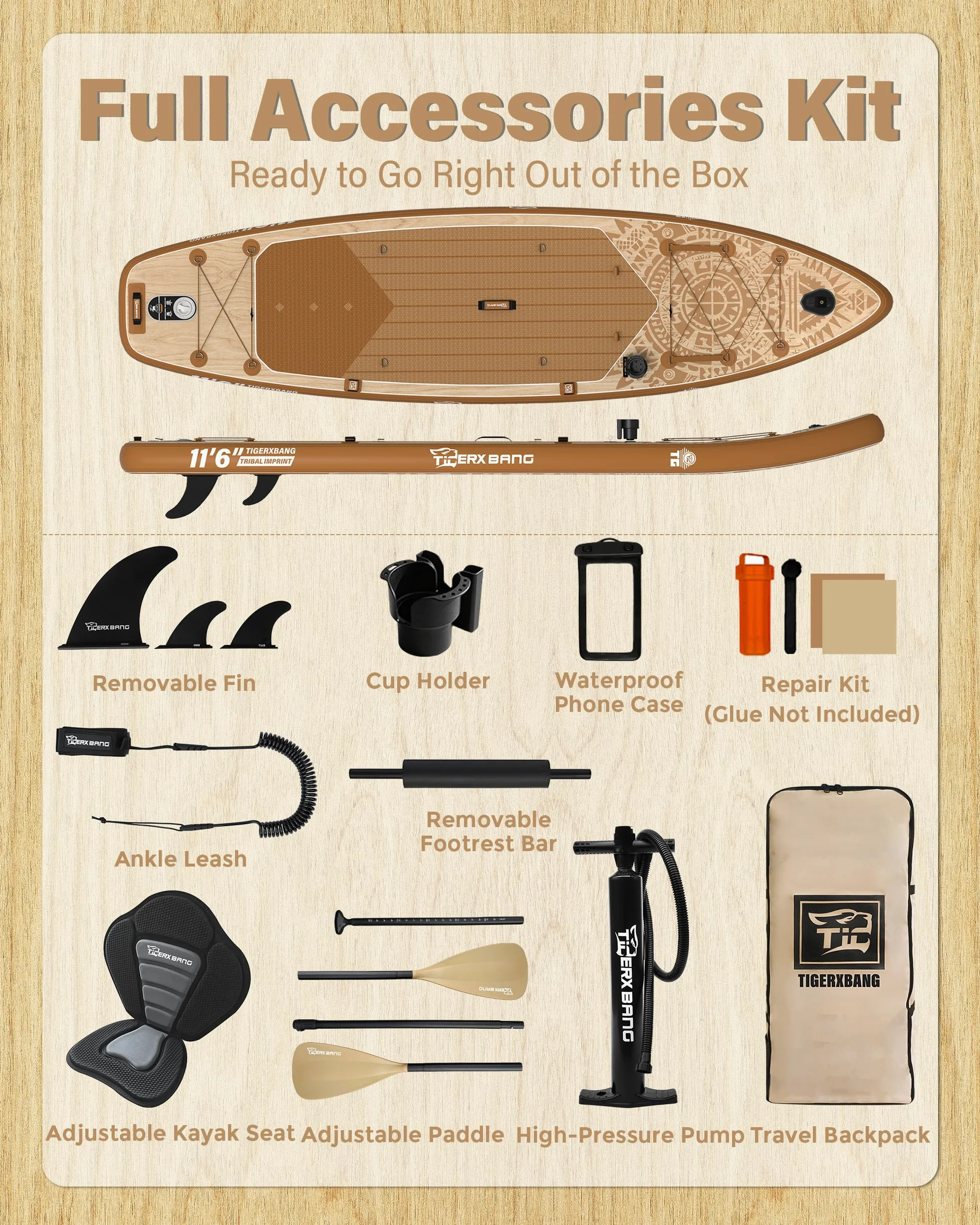 TIGERXBANG Tabla Paddle Surf Hinchable 353 x 89 x 15 cm, Sup Extra Ancha con Gran Estabilidad, Serie Tribal Imprint, para Adultos, Familias y Principiantes, con Accesorios Incluidos