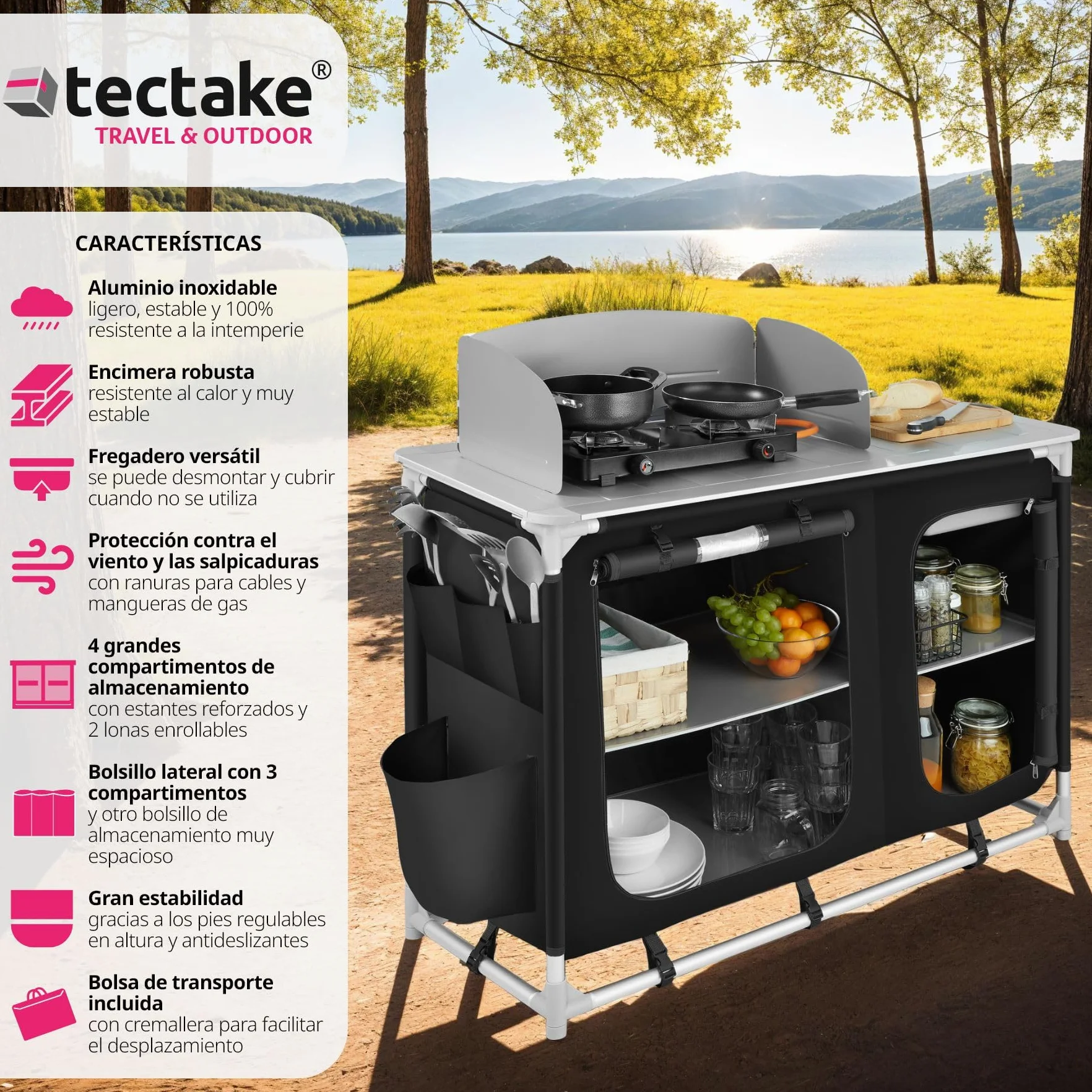 tectake® Cocina de Camping Plegable, Ligera, con Bolsa de Transporte, Accesorios de Cocina, Mesa Plegable Camping, Estructura de Aluminio - Negro