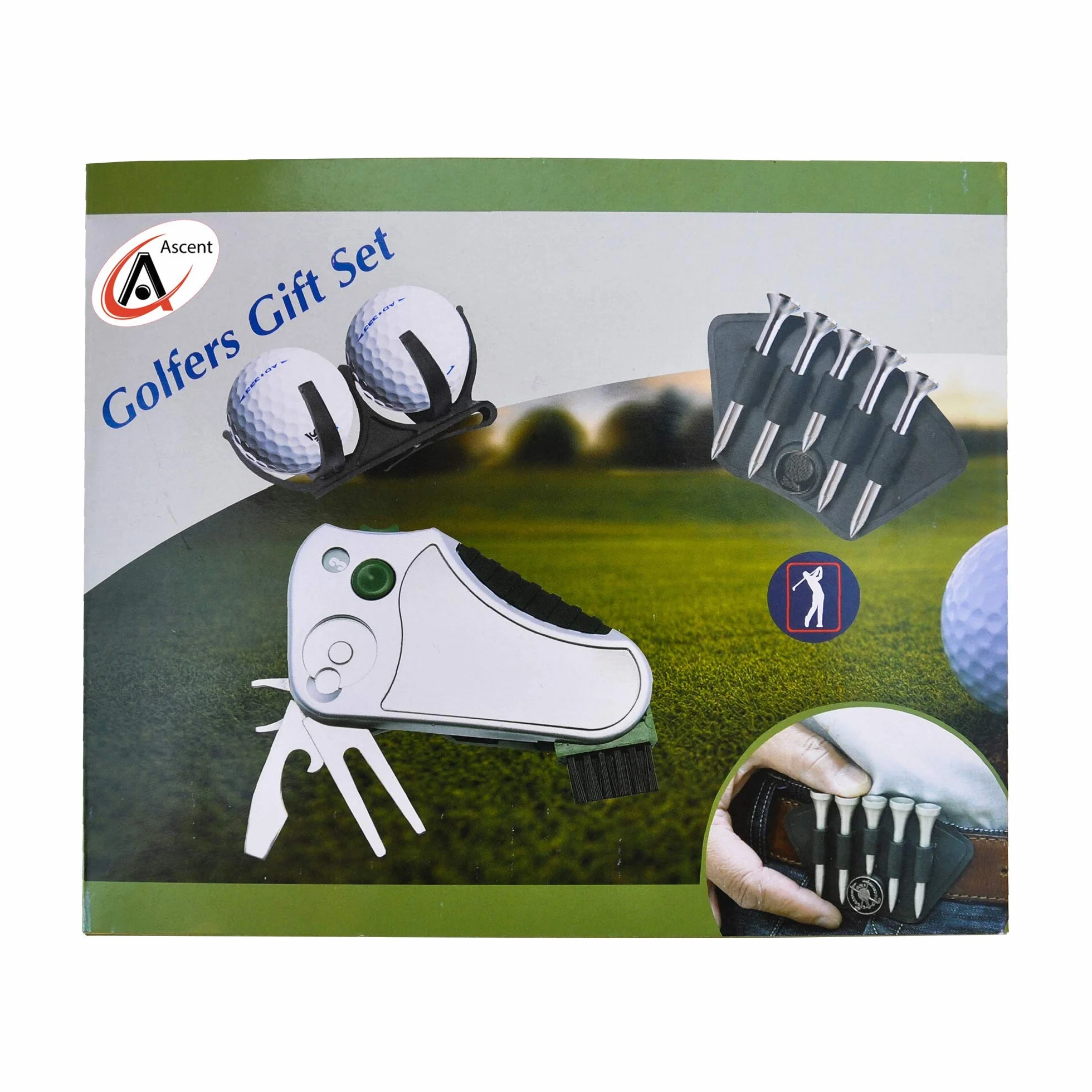 Juego de regalo de golf: herramienta contador de golpes, reparación de divot, cepillo, marcador de bola, tensor de tacos, limpiador de ranuras