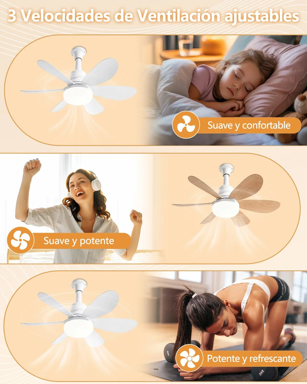 Ventilador de Techo 52cm con Luz LED 40W Regulable, Silencioso, 3 Velocidades, E27, para Interior Exterior