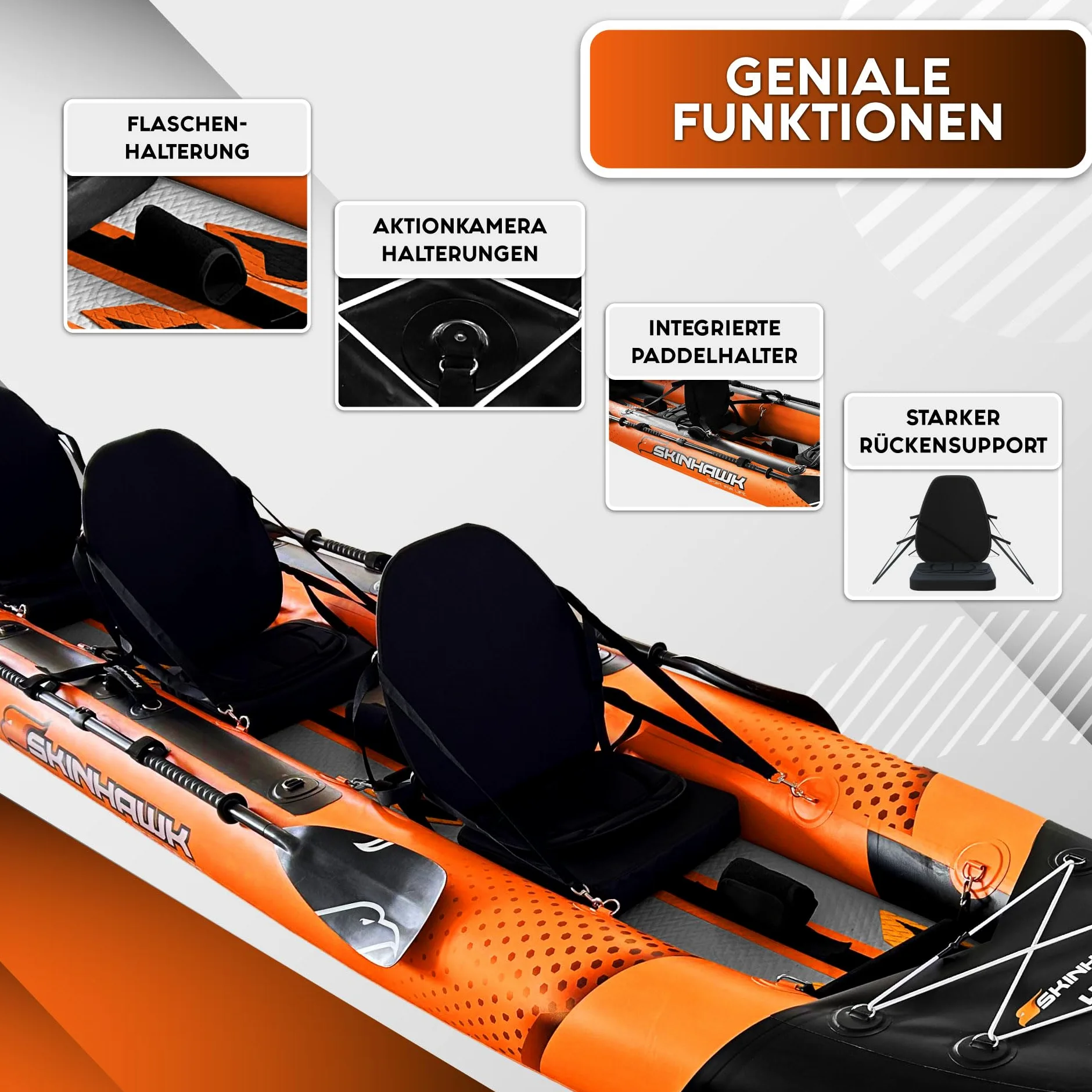 SKINHAWK Exclusiv Orange Kayak Set 480 – Barco inflable – Canoa – 480 x 96 cm – Kayak para 3 personas