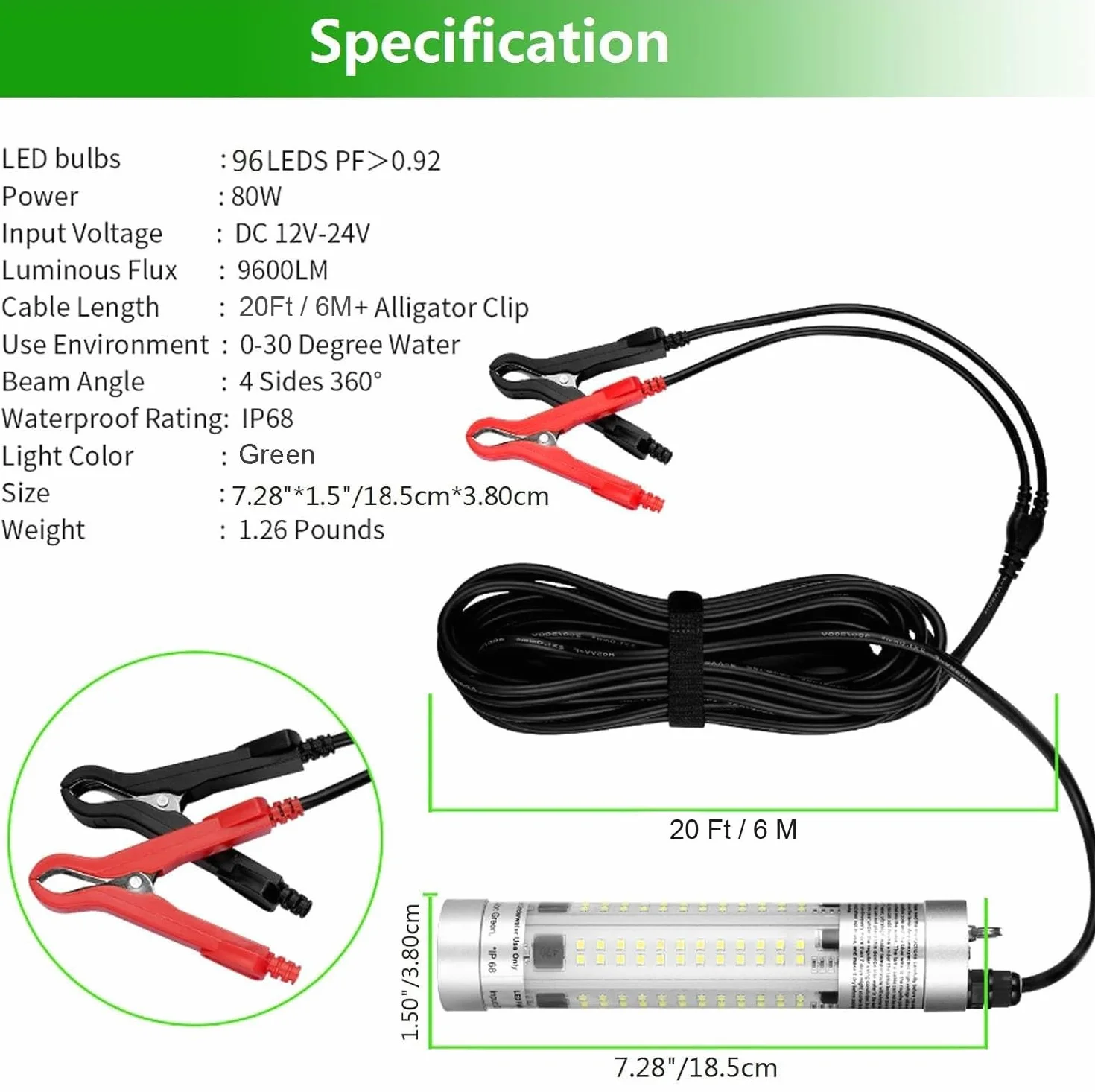 Luz de pesca submarina superbrillante de 80W 9600 lúmenes, impermeable IP68, alliage d'aluminium durable, para pesca nocturna, señuelo y cebo para barco, kayak y muelle (luz verde)
