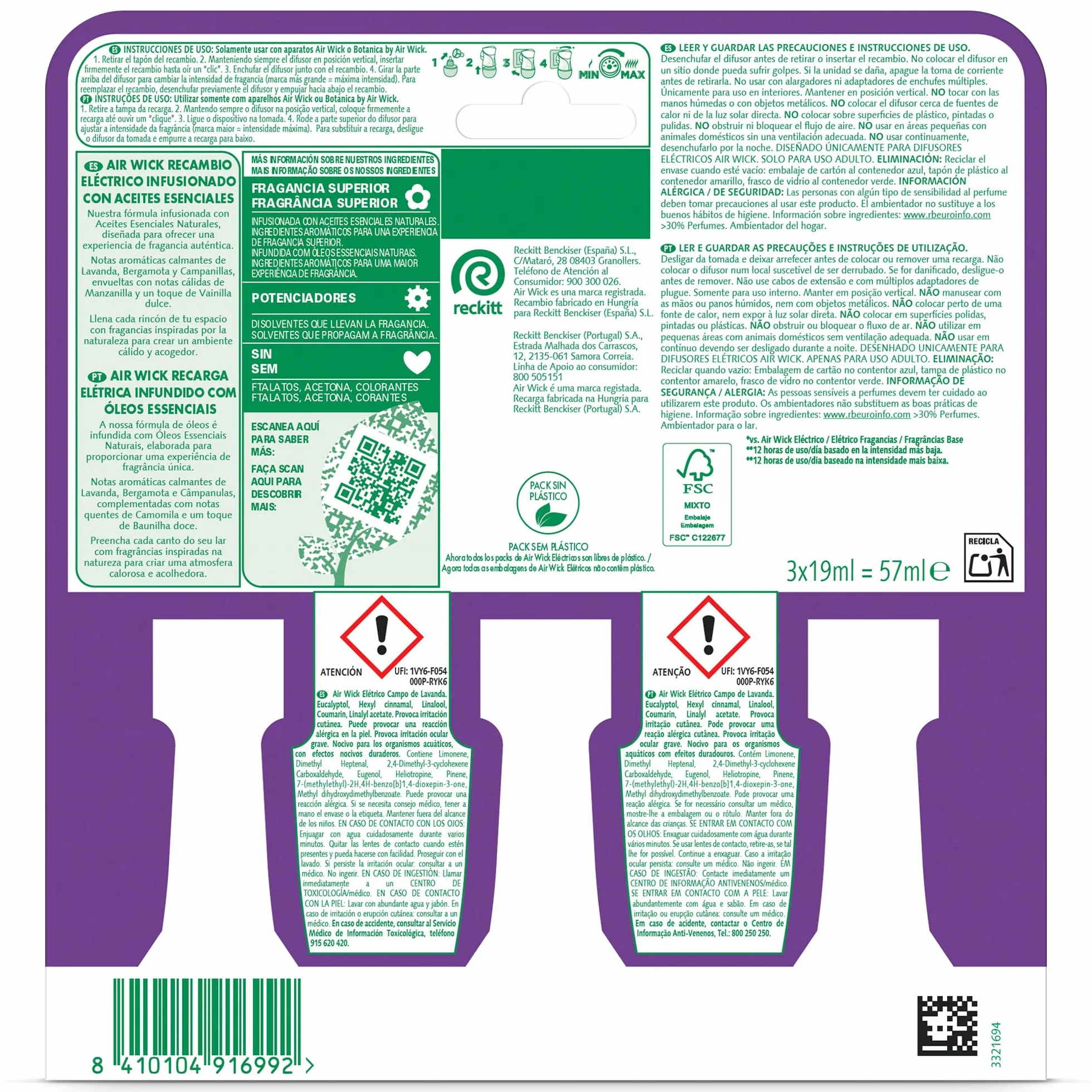 Air Wick Pack de 3 Recambios Ambientador Eléctrico Lavanda con Aceites Esenciales