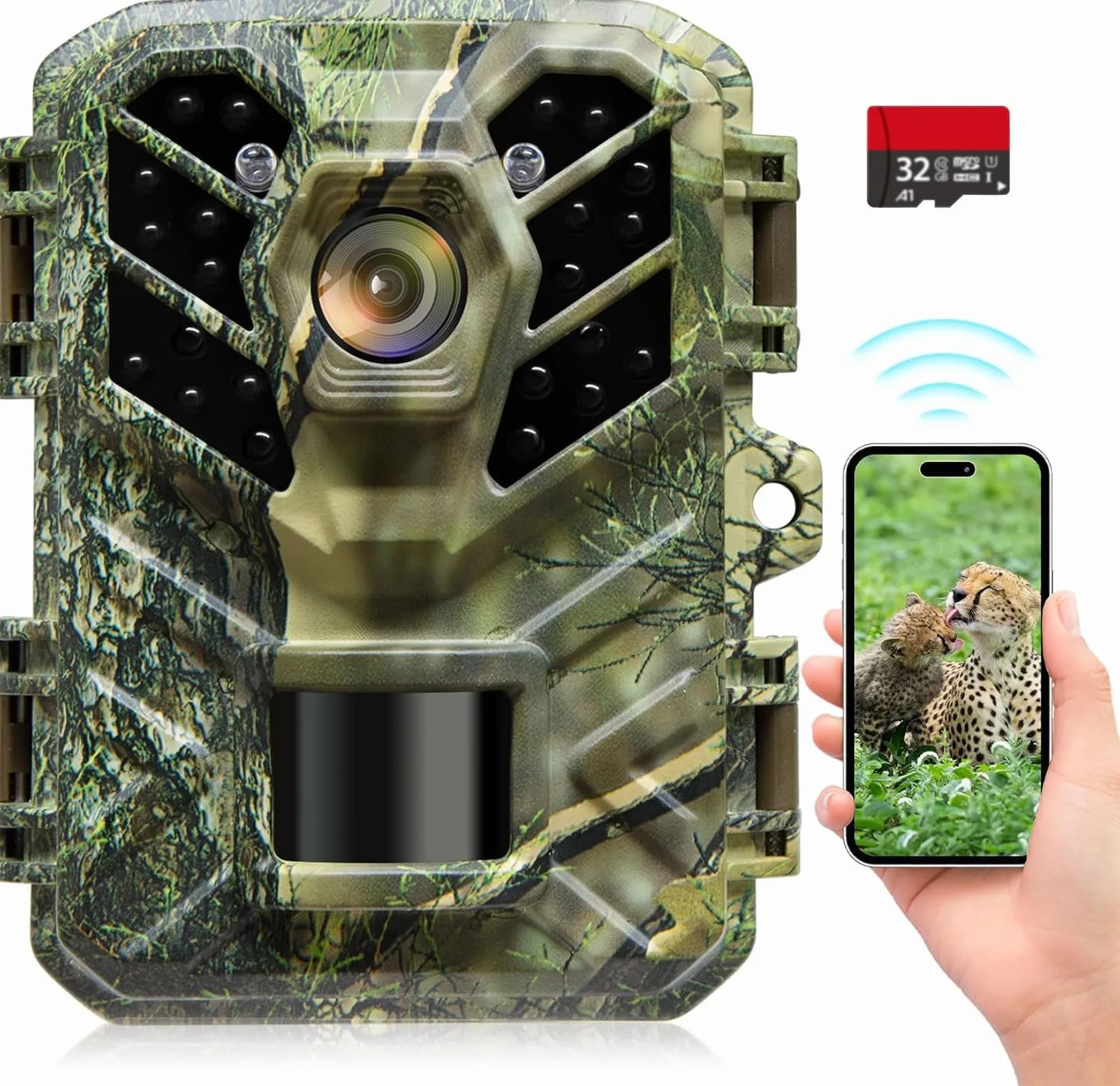 Coolifepro Cámara de Caza WiFi Bluetooth con App, 48MP 1080P MP4 Cámara Fototrampeo Velocidad de Disparo de 0,1s, Ángulo de Detección de 90° con Tarjeta de 32GB para Exploración de Vida Silvestre