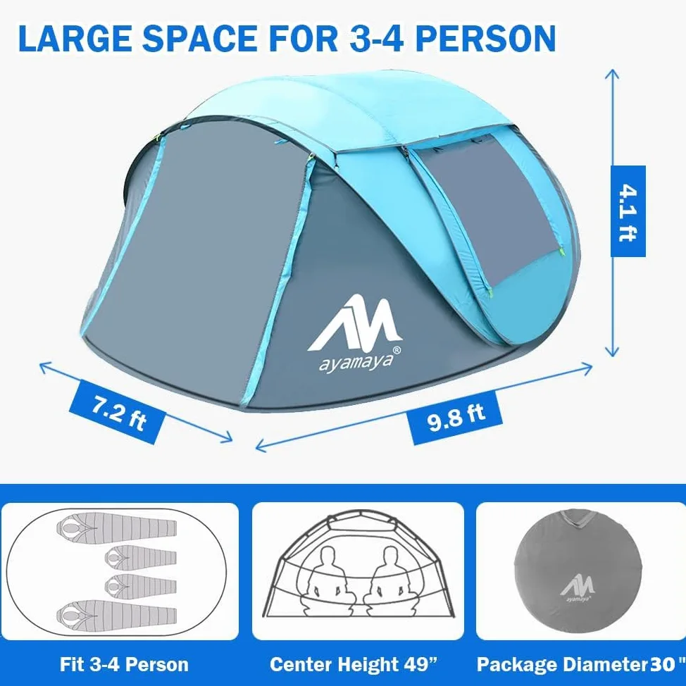AYAMAYA - Tienda de campaña desplegable para 4 personas, impermeable, instantánea, con tragaluz y mosca extraíble, tamaño grande mejorado con 2 puertas, tienda de playa automática de fácil instalación
