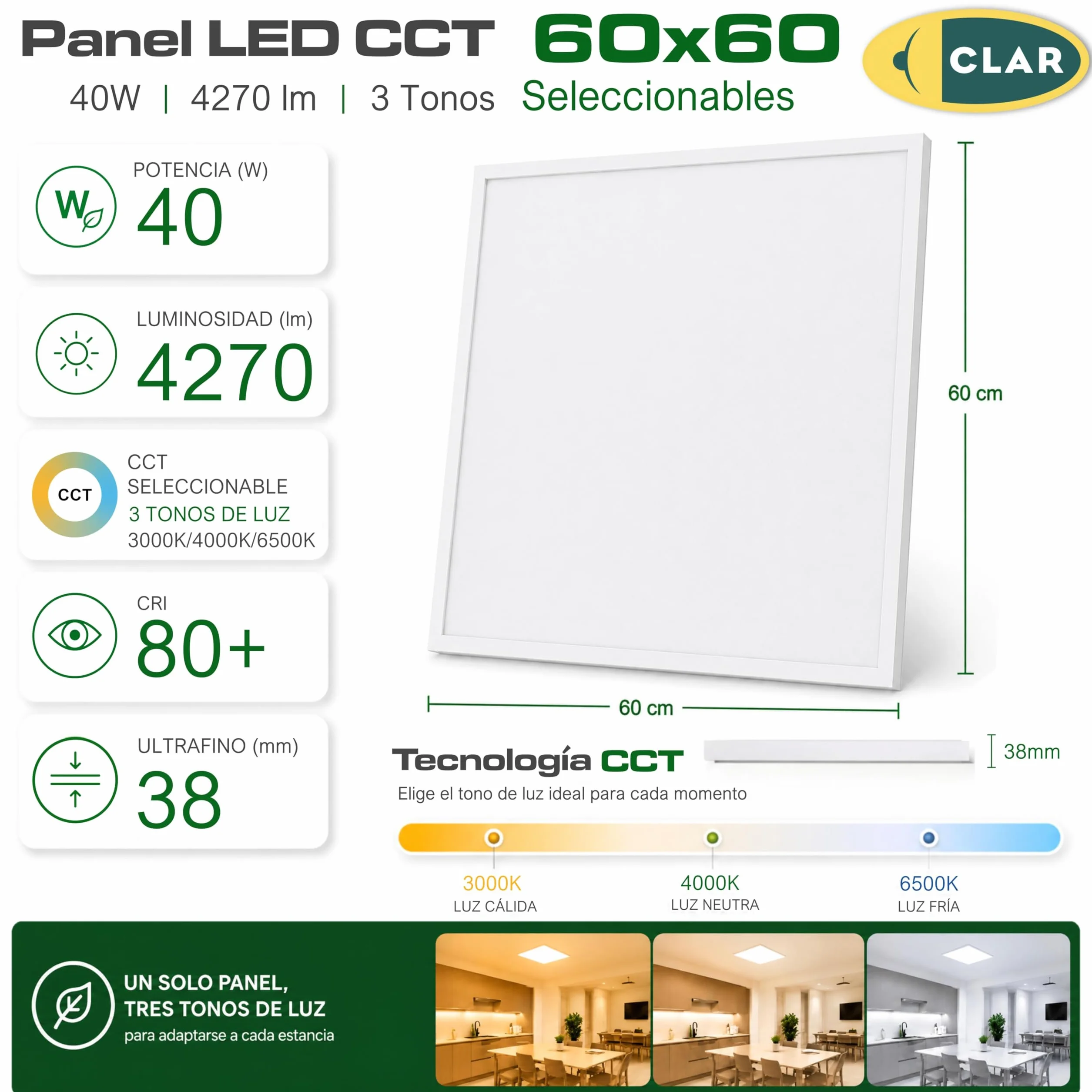 CLAR Plafon LED Techo 60x60 CCT Blanco Calido Neutro Frio Pack 1