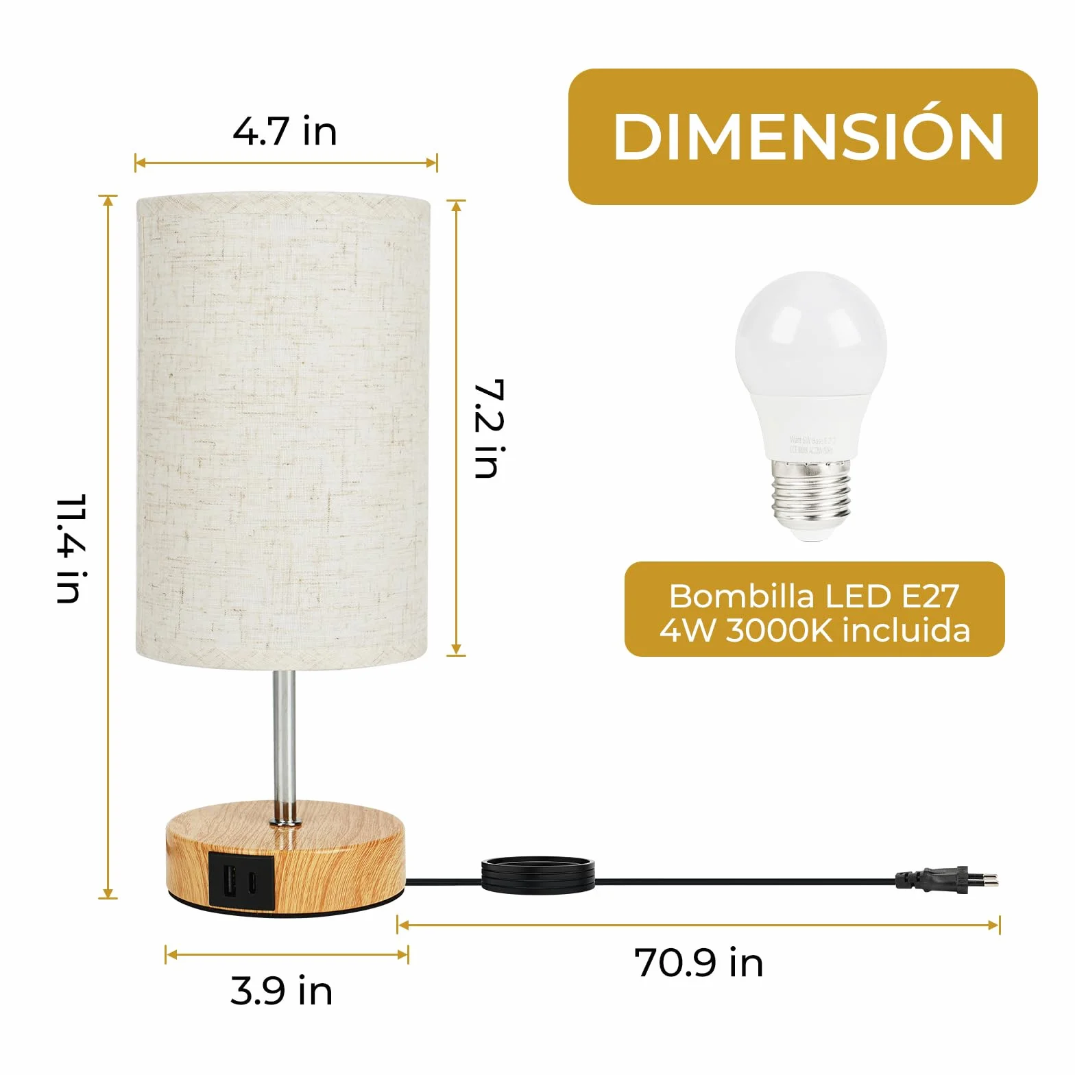 Suright Lámpara de Mesita de Noche Táctil Regulable con Puertos USB A+C, Lámpara de Mesa Pequeña para Dormitorio