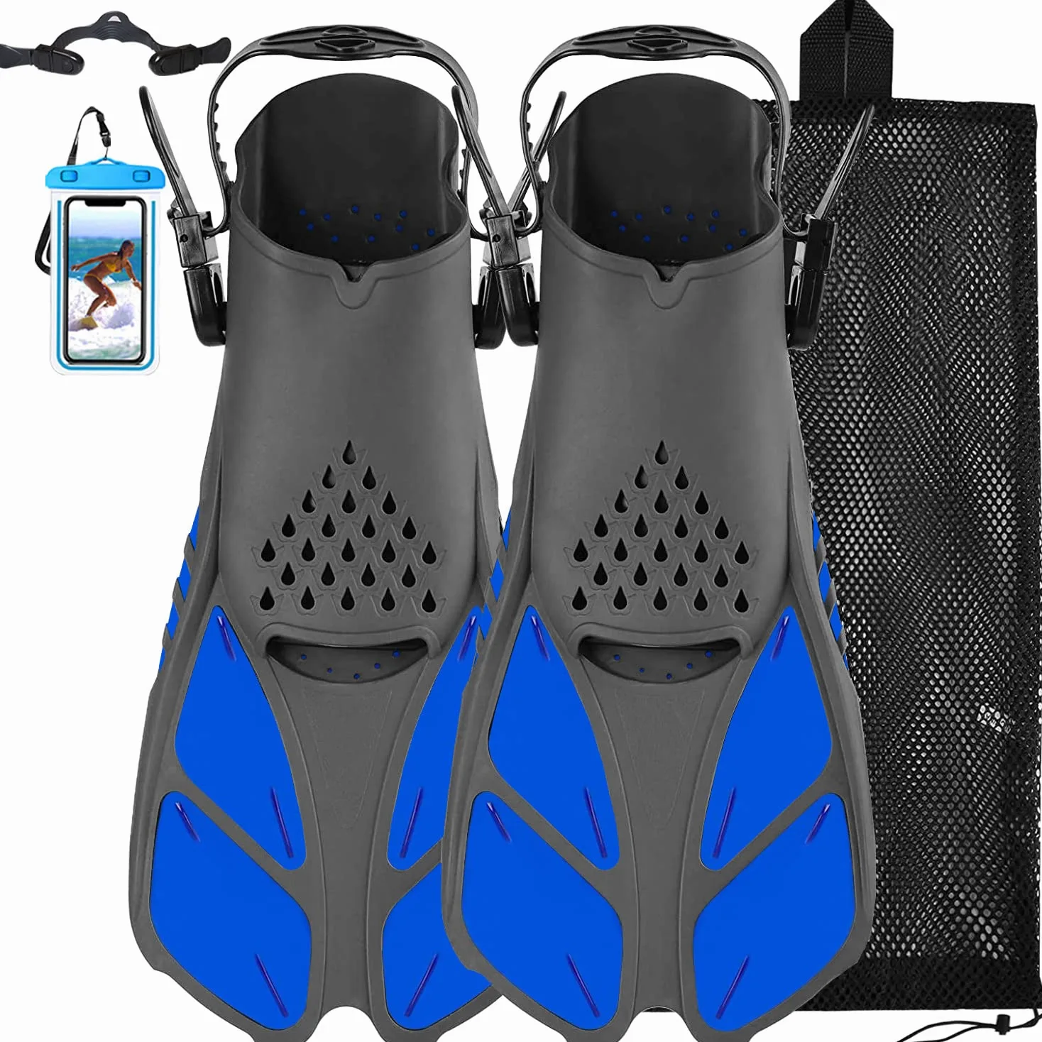 Aletas de esnórquel, talón abierto, aletas de natación ajustables, tamaño de viaje, aletas cortas con bolsa de malla para esnórquel, buceo, natación, adultos, hombres, mujeres, niños,