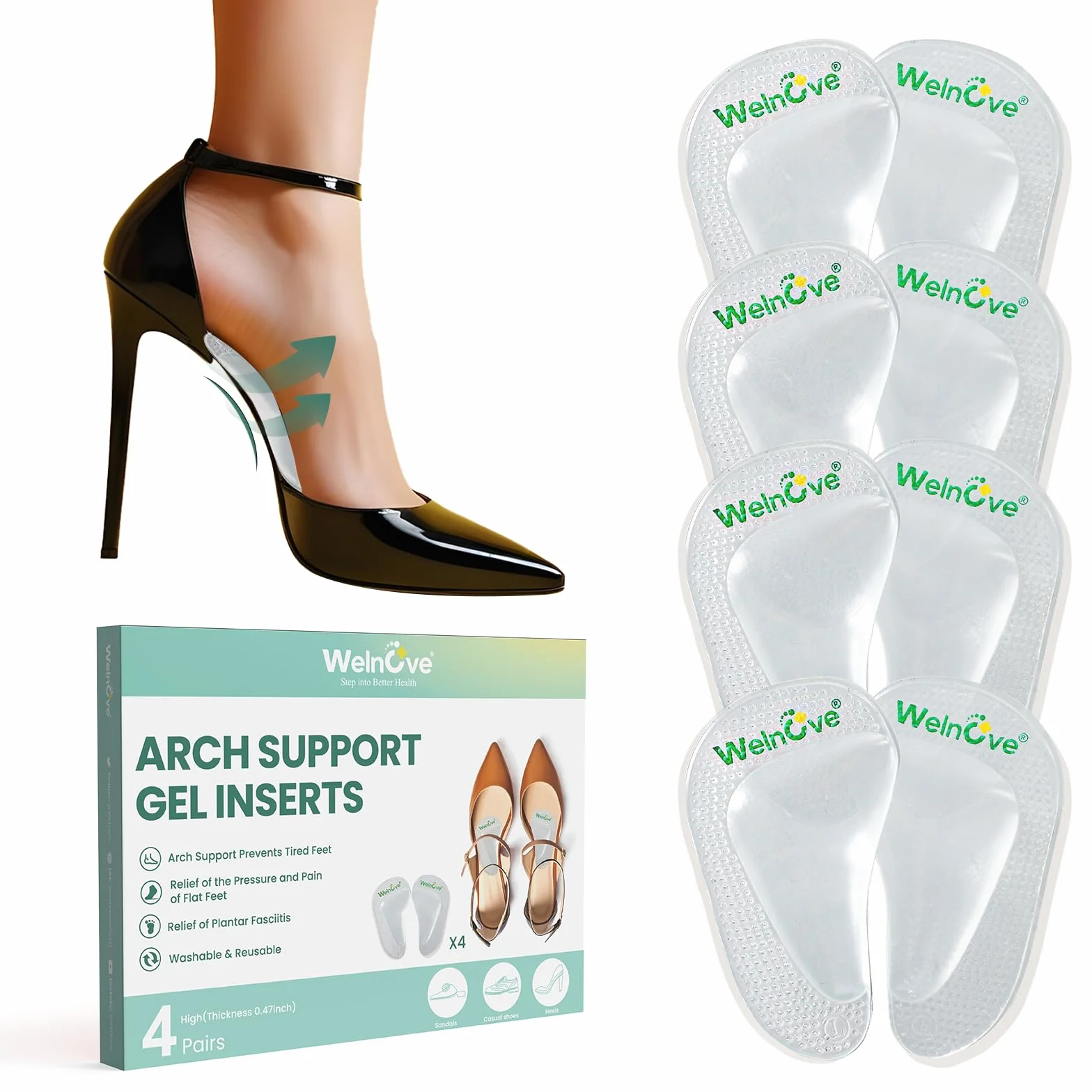Insertos de soporte de arco para pies planos - Plaquetas de gel para fascitis plantar, alivio del dolor de pie, 0,47" altura