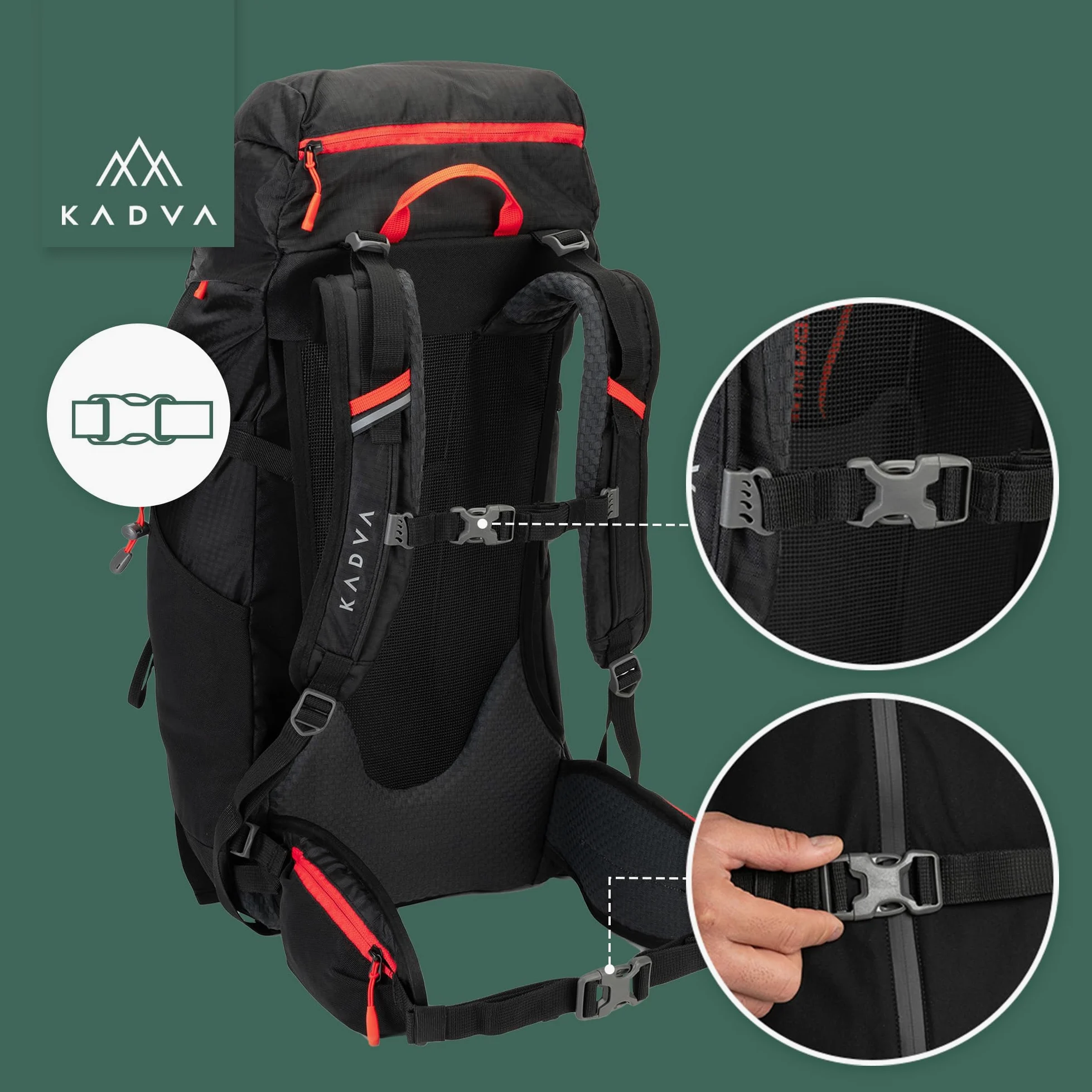 KADVA Vagabundo Mochila de trekking de 40 l, sistema de transporte Windspire Pro, material hidrófobo, funda para lluvia, correas exteriores.