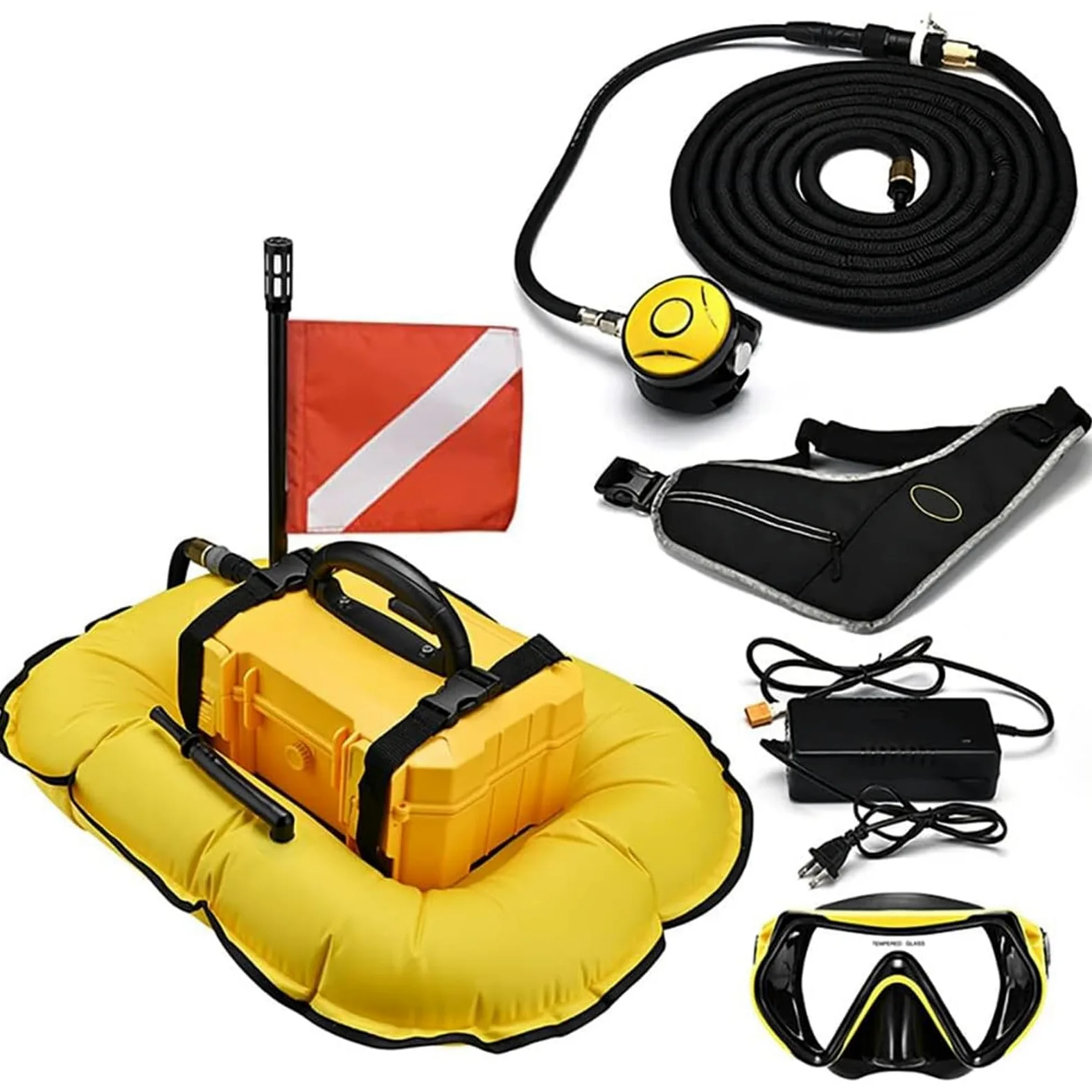 RayGenius Ventilador De Buceo,Tanque De Buceo Recargable PortáTil Impermeable De 5 Horas,con Chaleco De Buceo,Buceo Sin Tanques,Manguera De 45 Pies Y Regulador De RespiracióN De Buceo。,D4000-Yellow