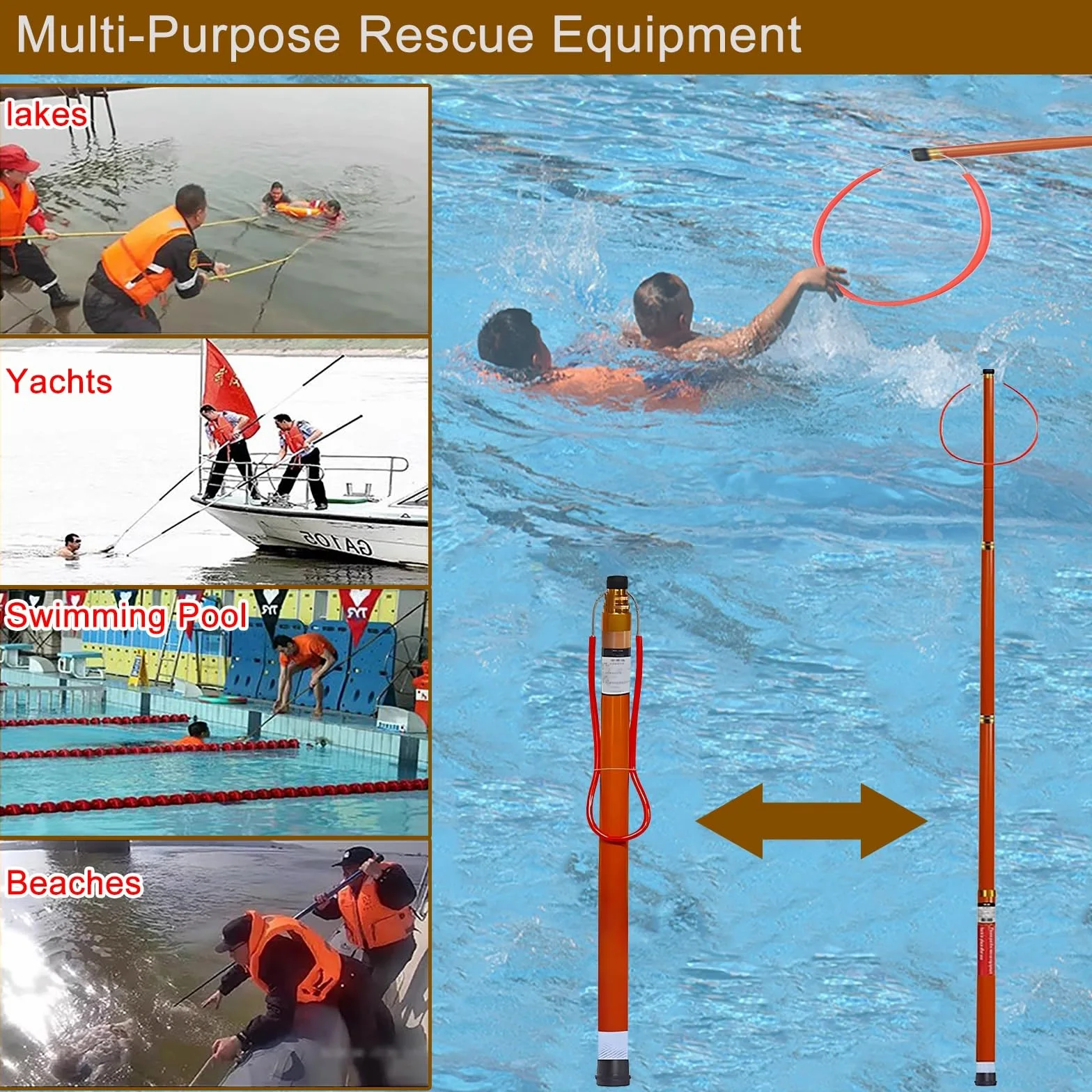 Gancho telescópico ajustable de rescate de emergencia para seguridad en la piscina, mayor alcance y durabilidad para adultos y niños