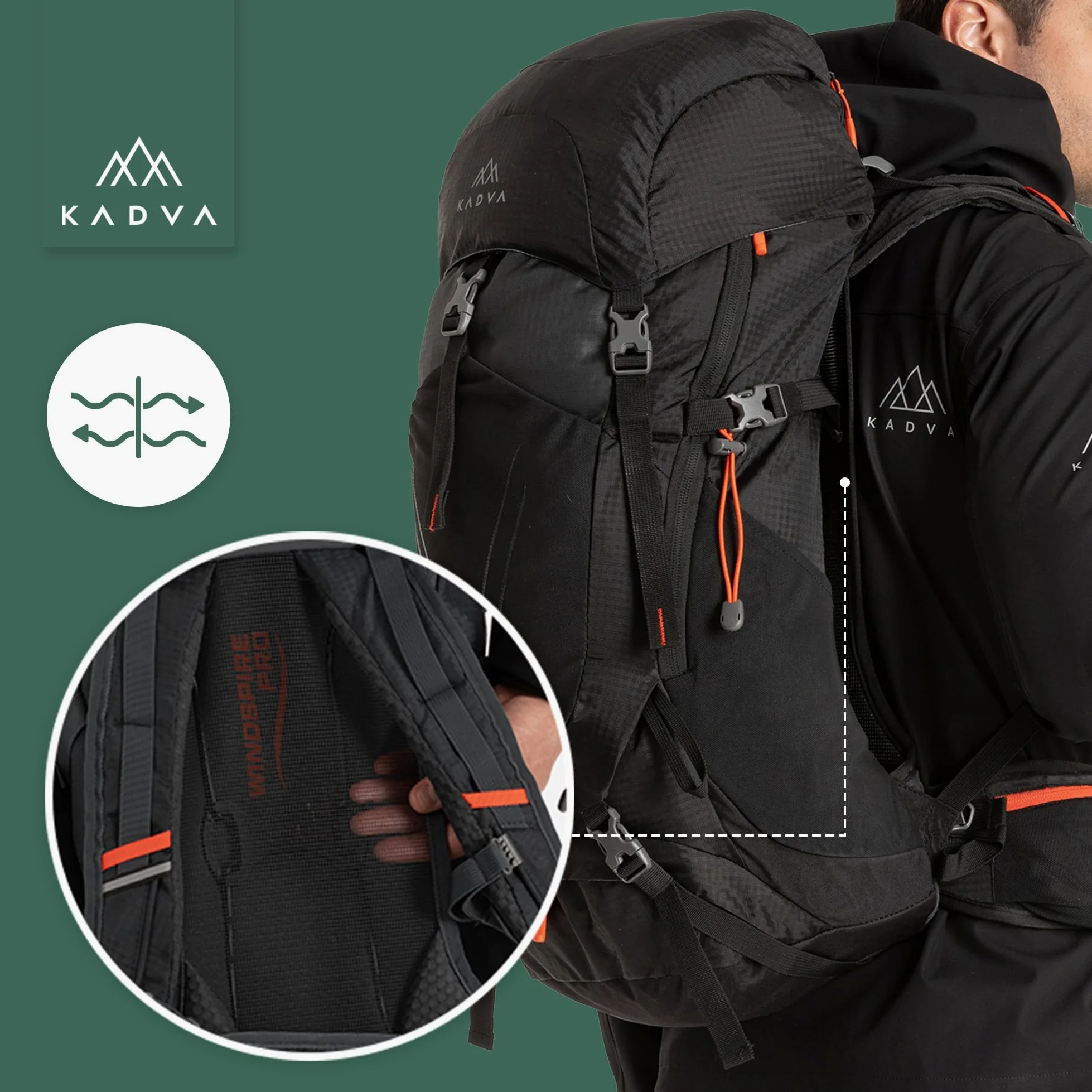 KADVA Vagabundo Mochila de trekking de 40 l, sistema de transporte Windspire Pro, material hidrófobo, funda para lluvia, correas exteriores.