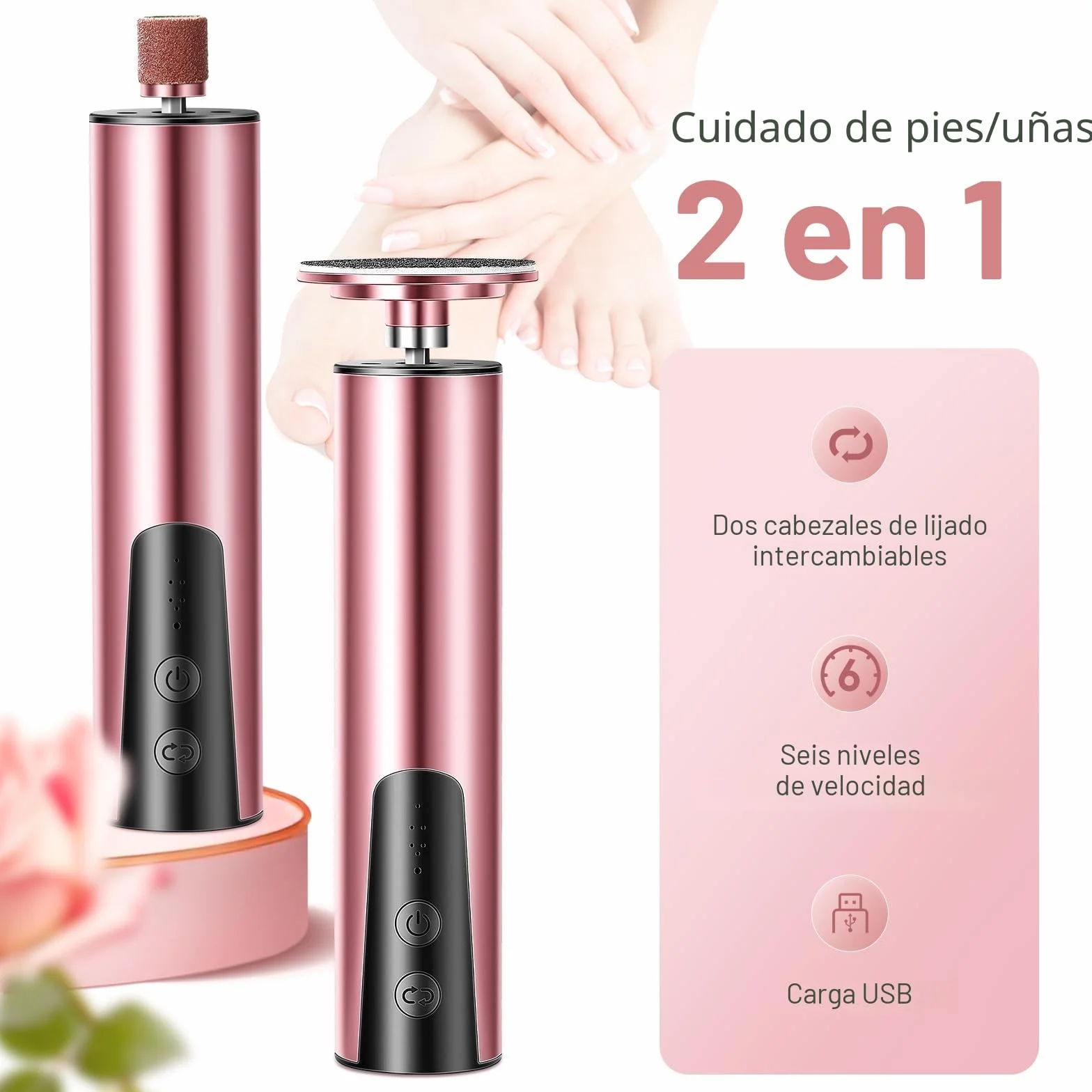 Lima Electrica Recargable para Pies Durezas, 6 Velocidades, Hojas Reemplazables Papel Abrasivo, Oro Rosa