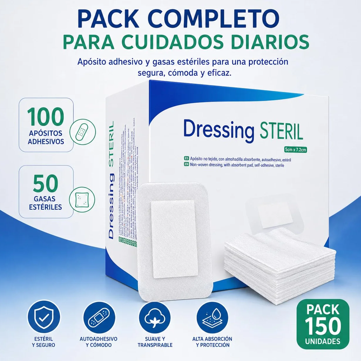 Apósitos Adhesivos Estériles Transpirables 100 Unidades + 50 Gasas Esteriles 5cm x 7,2cm 5cm x 5cm Pack 150
