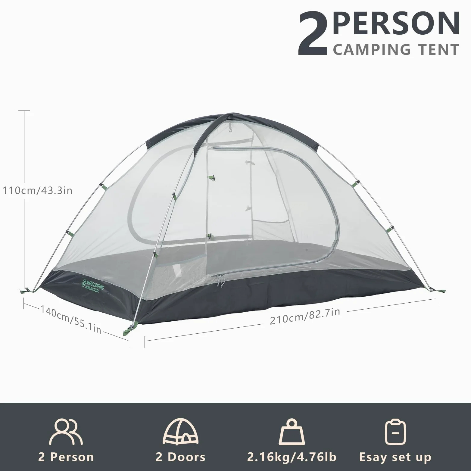 BISINNA Tienda de Campaña Cúpula 2 Personas 3-4 Estaciones | Impermeable y Resistente al Viento | Ultraligera y Compacta para Camping, Senderismo, Festivales