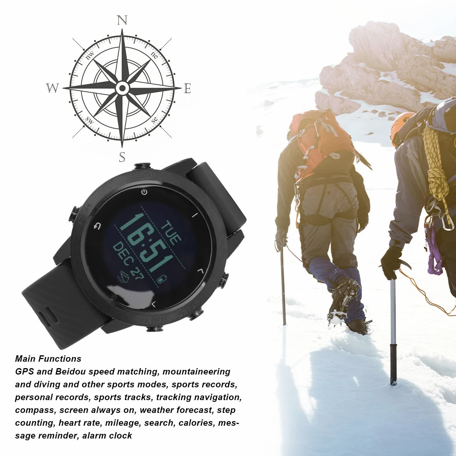 Reloj de Buceo Inteligente, Reloj Deportivo Multifunción de Montañismo con Frecuencia Cardíaca, Resistente Al Agua para Correr, Ciclismo, Montañismo