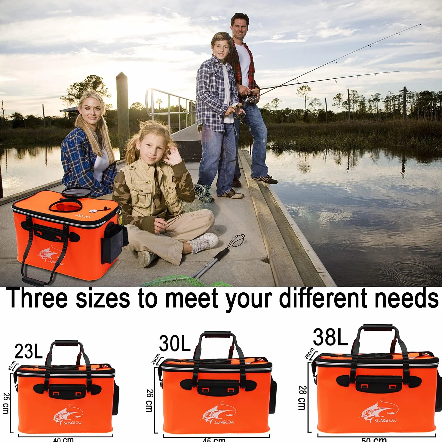 Cubo de Pesca,Cubo de Cebo de Pesca Plegable Portátil, Contenedor de Cebo de Pesca Vivo Multifuncional, Bolsa de Pesca de EVA para Acampar al Aire Libre y Cubo de Protección de Peces (Naranja, 30L)