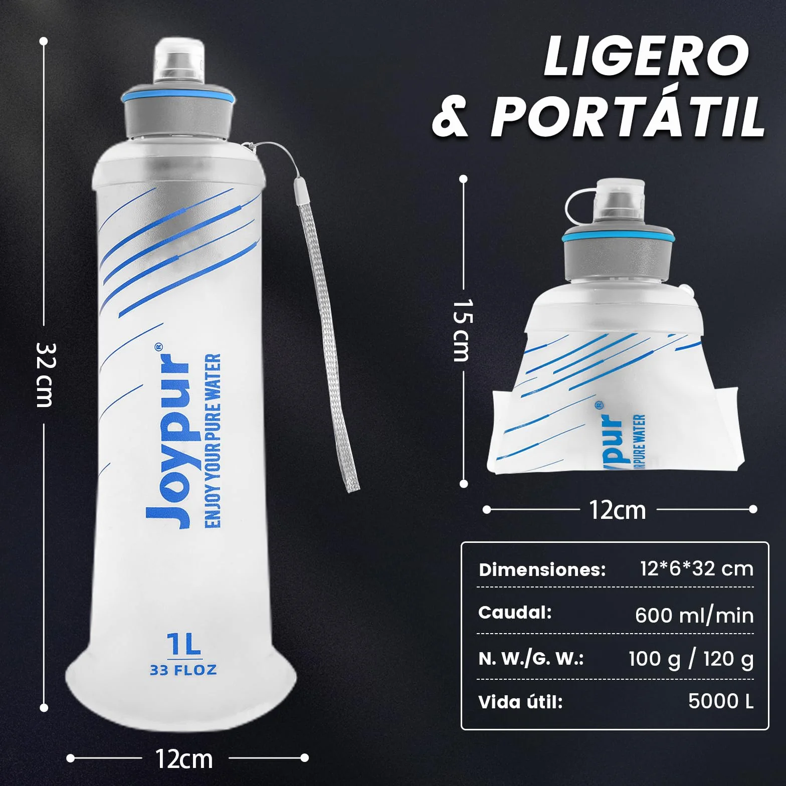Botella Plegable Filtro de Agua 1000ml 0.01µm 5000L Ultraligero 100g para Acampar Senderismo Mochila Viajes Blanco